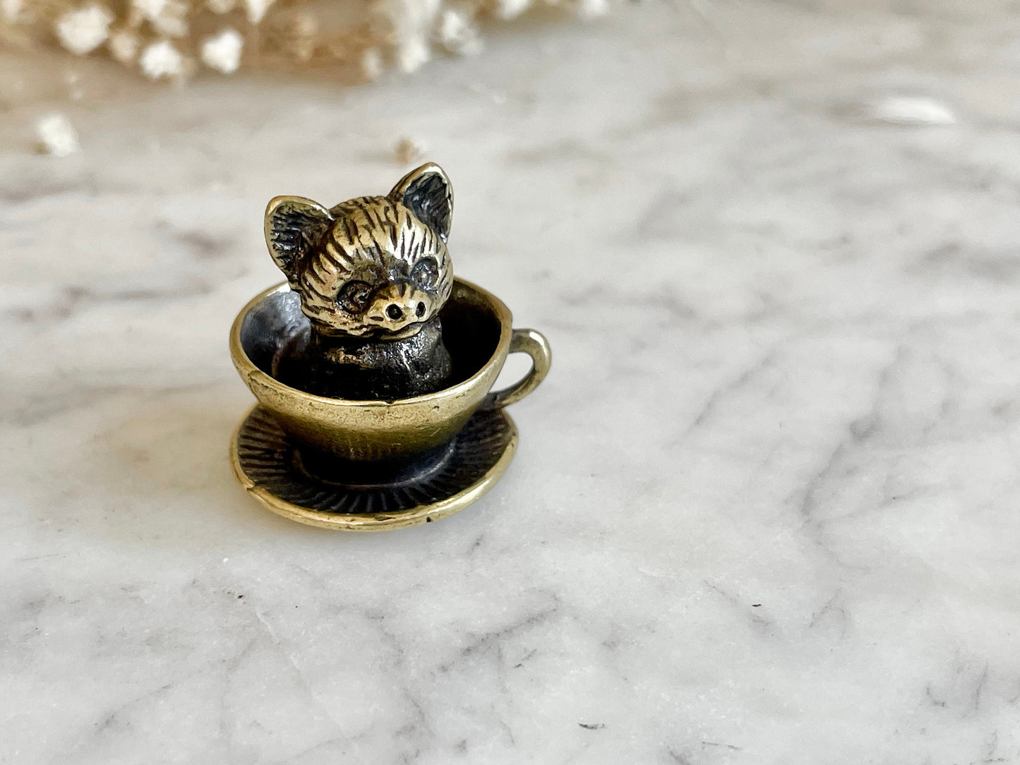 Adorable solid brass puppy in a cup statuette, little metal dog figurine, cute little Pomeranian puppy miniature, dog lover gift