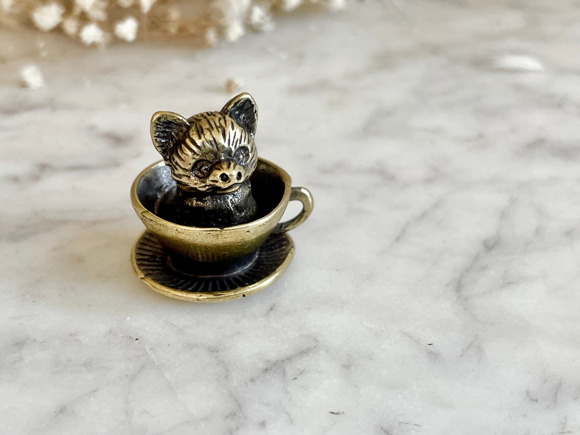 Adorable solid brass puppy in a cup statuette, little metal dog figurine, cute little Pomeranian puppy miniature, dog lover gift