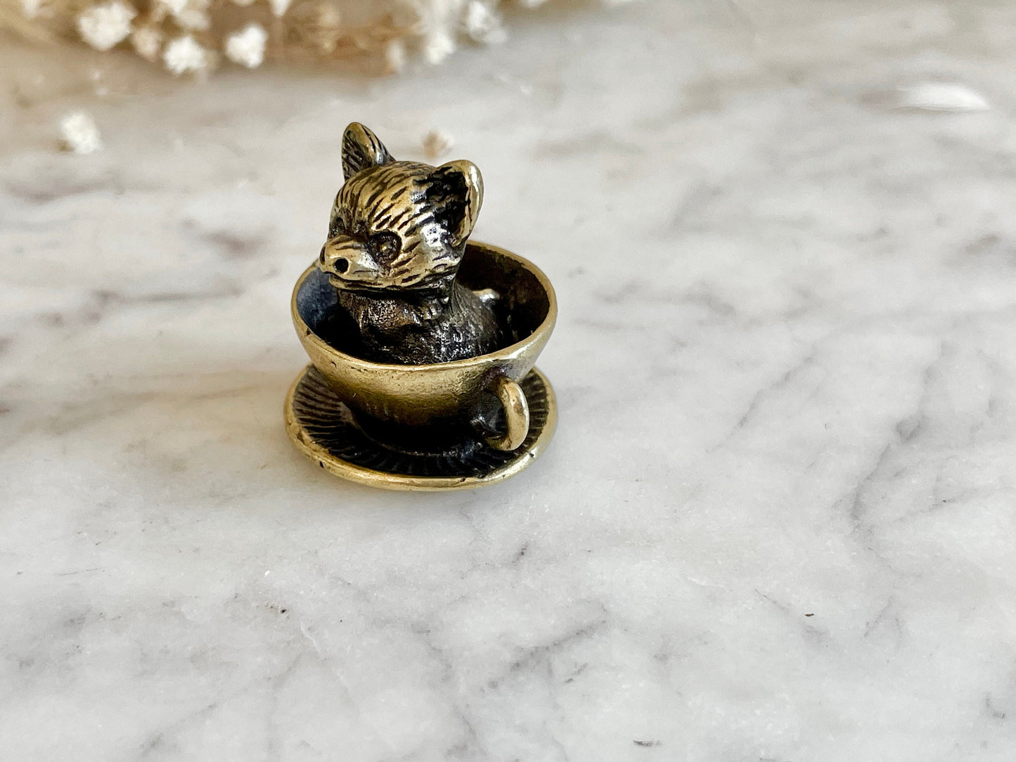 Adorable solid brass puppy in a cup statuette, little metal dog figurine, cute little Pomeranian puppy miniature, dog lover gift