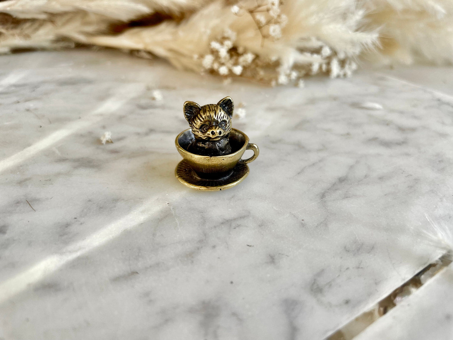 Adorable solid brass puppy in a cup statuette, little metal dog figurine, cute little Pomeranian puppy miniature, dog lover gift