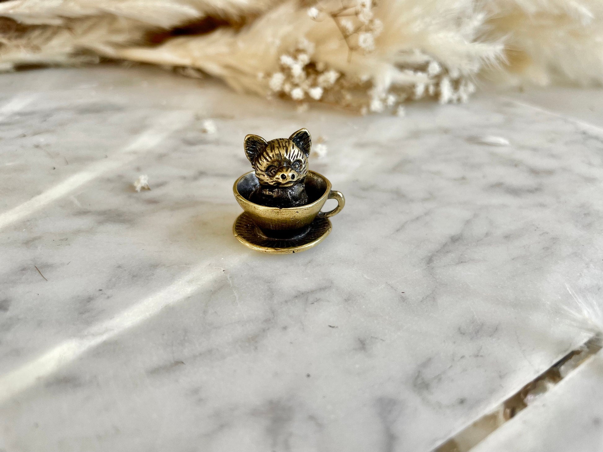 Adorable solid brass puppy in a cup statuette, little metal dog figurine, cute little Pomeranian puppy miniature, dog lover gift