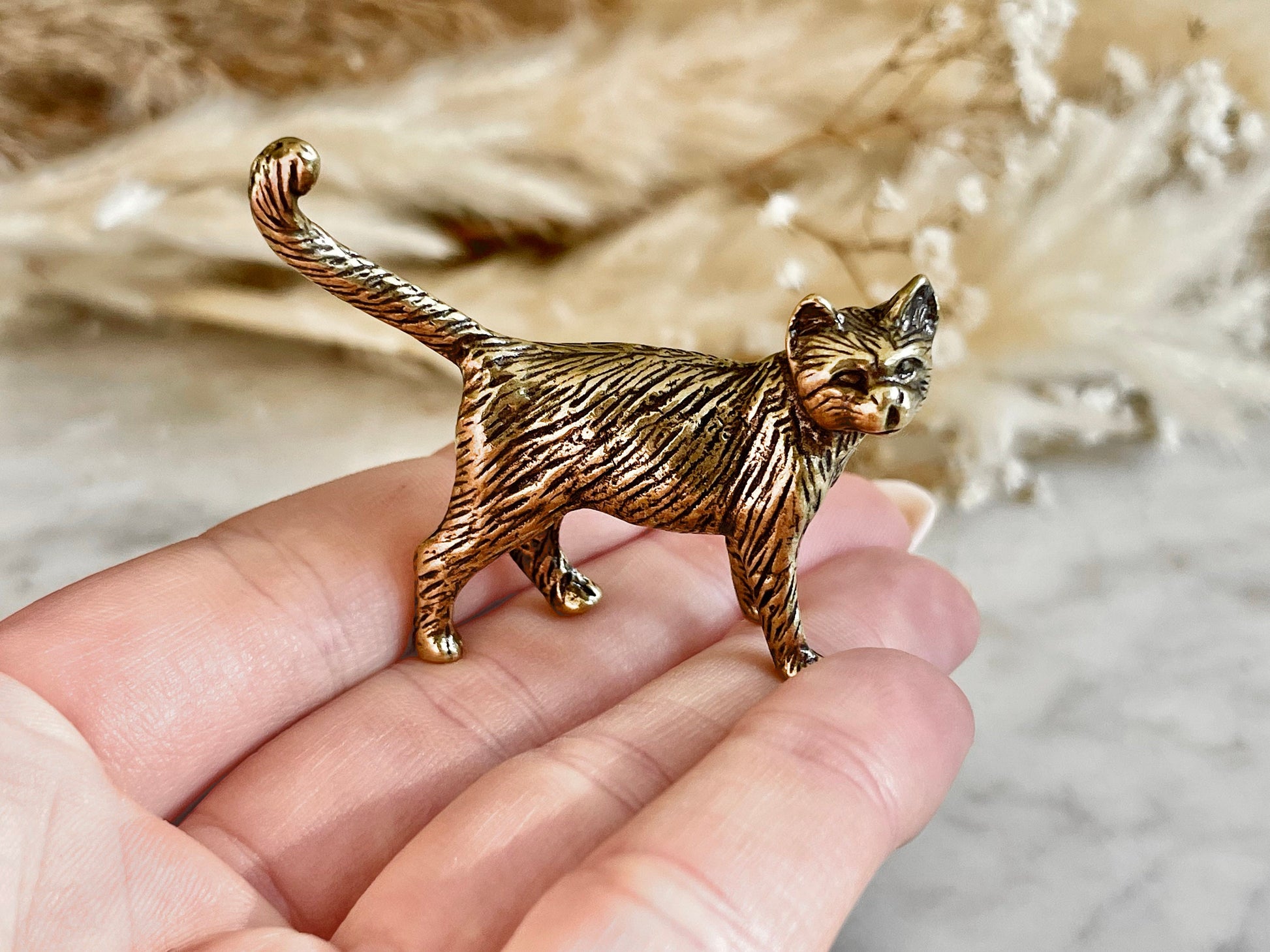Brass Kitty Keepsake, little cat metal figurine, solid brass cat statue, kitten miniature, cat lover gift