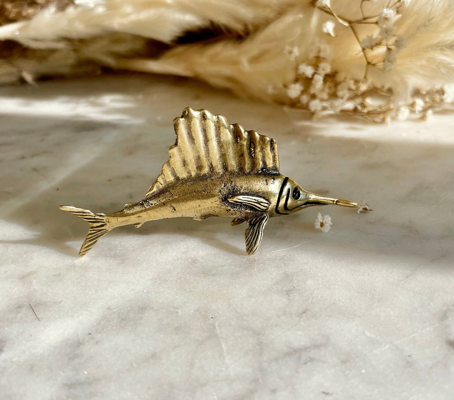 Stunning solid brass swordfish miniature, little Sailfish metal figurine, metal craftsmanship fish figurine, collectible gift for fisherman