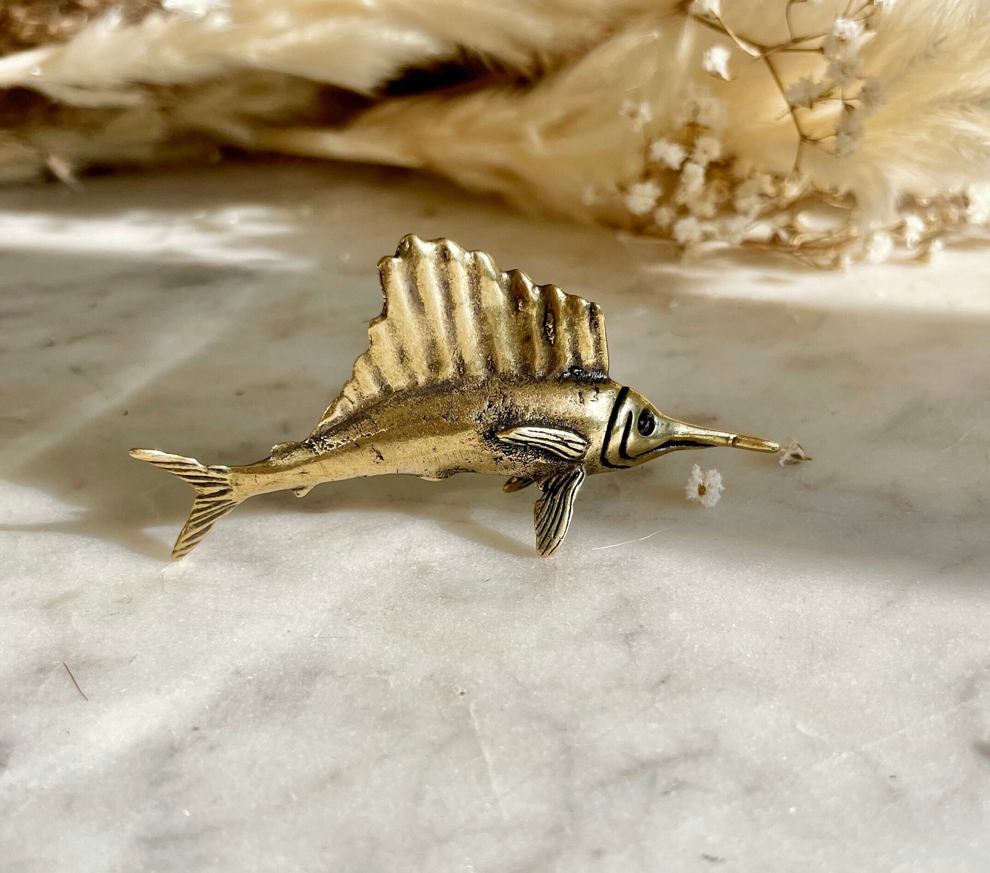 Stunning solid brass swordfish miniature, little Sailfish metal figurine, metal craftsmanship fish figurine, collectible gift for fisherman