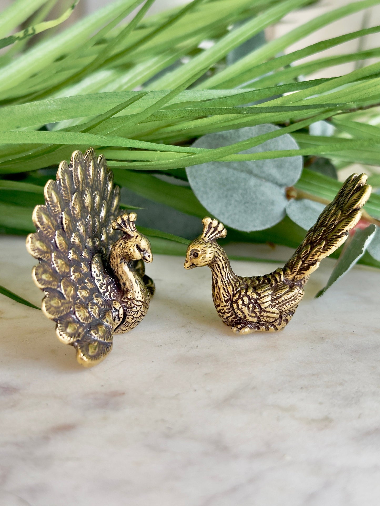 Solid Brass Peacock Figurine, Brass Bohemian Ornament, Couple of Peacocks Statue, Tropical bird miniature, Beautiful Metal Paperweight