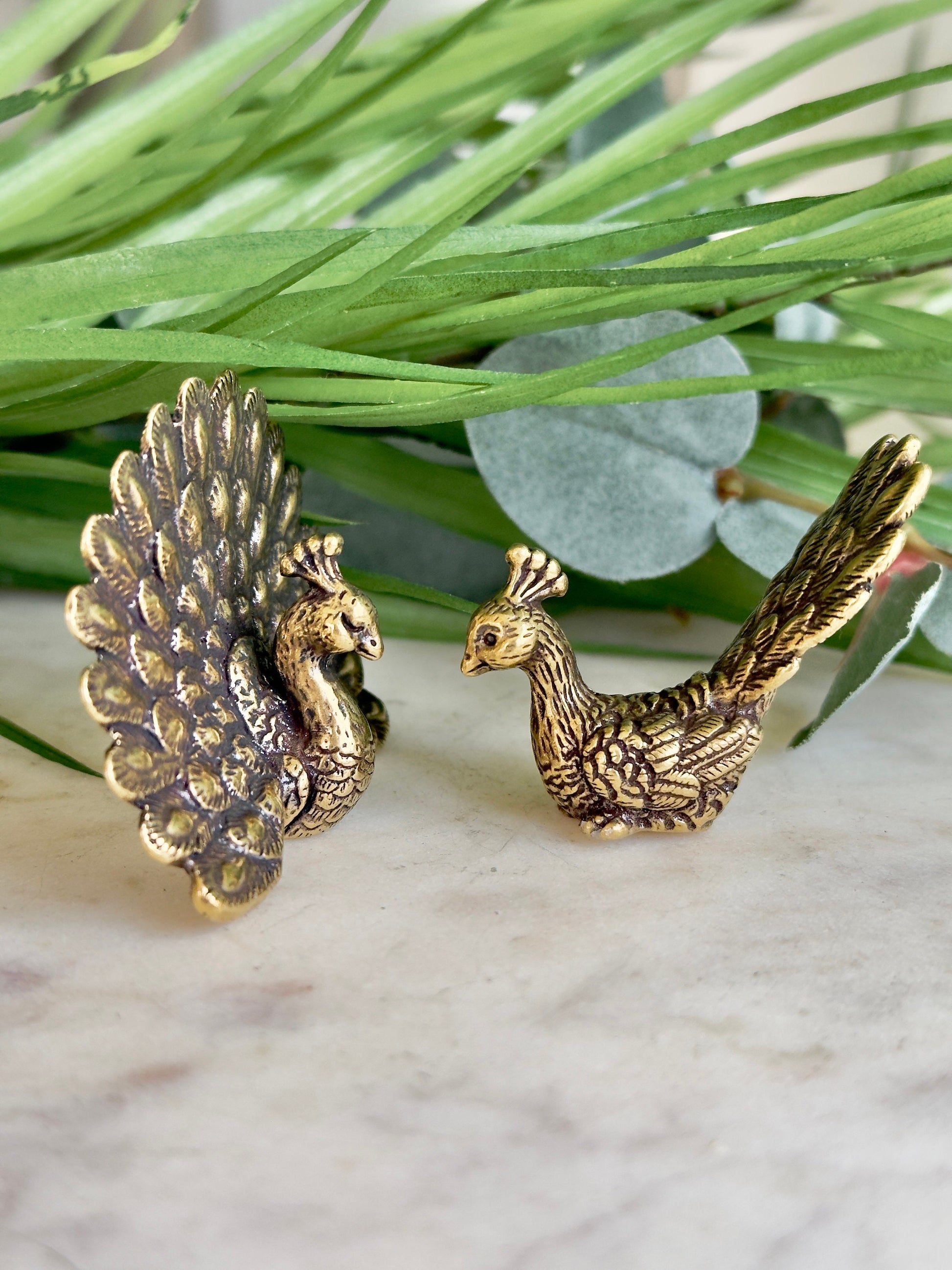 Solid Brass Peacock Figurine, Brass Bohemian Ornament, Couple of Peacocks Statue, Tropical bird miniature, Beautiful Metal Paperweight