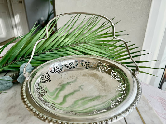 Vintage Silver Plated Pierced Basket Dish with foldable handle and delicate flower detail, Vintage Metal Fruit bowl