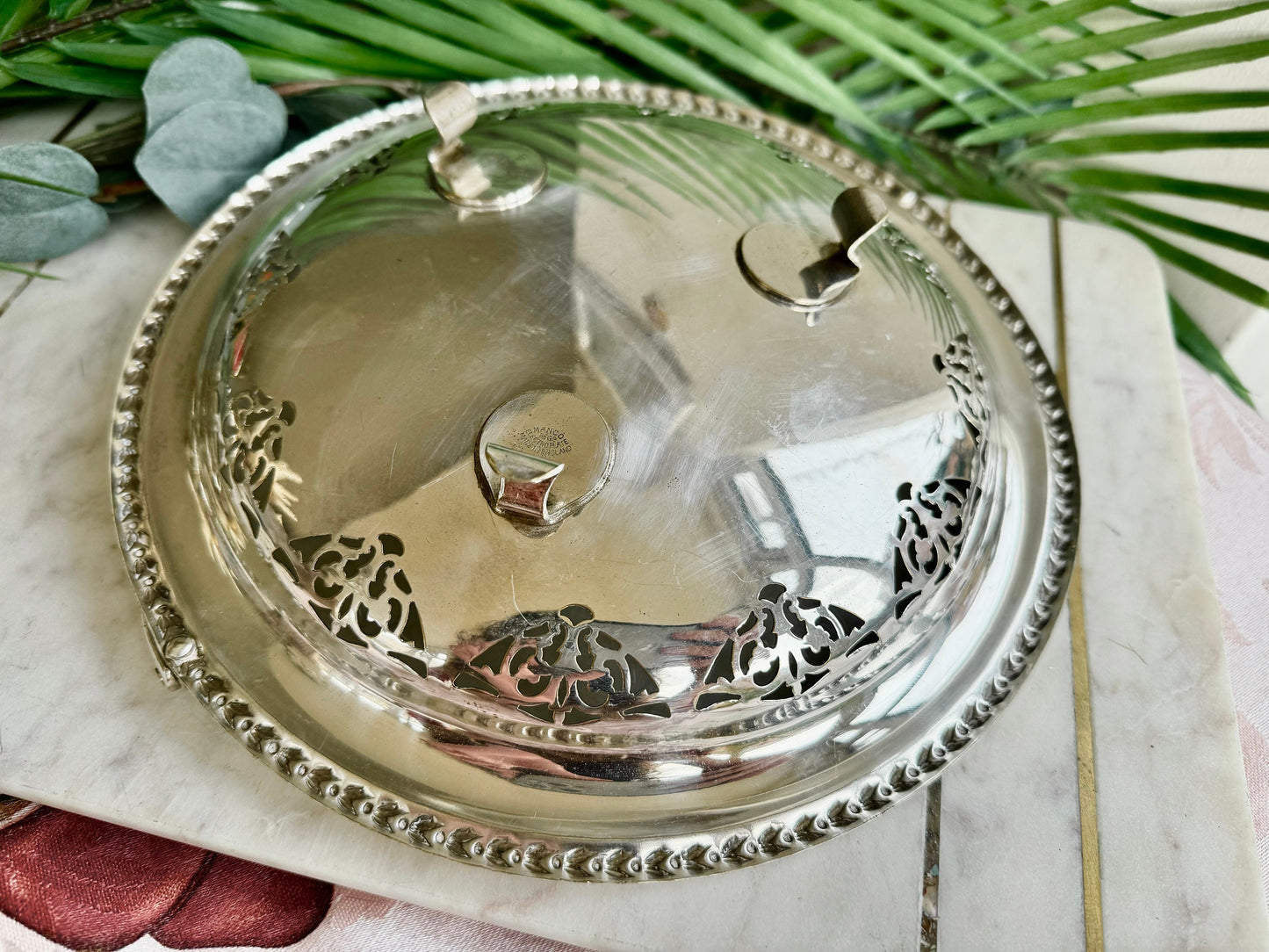 Vintage Silver Plated Pierced Basket Dish with foldable handle and delicate flower detail, Vintage Metal Fruit bowl