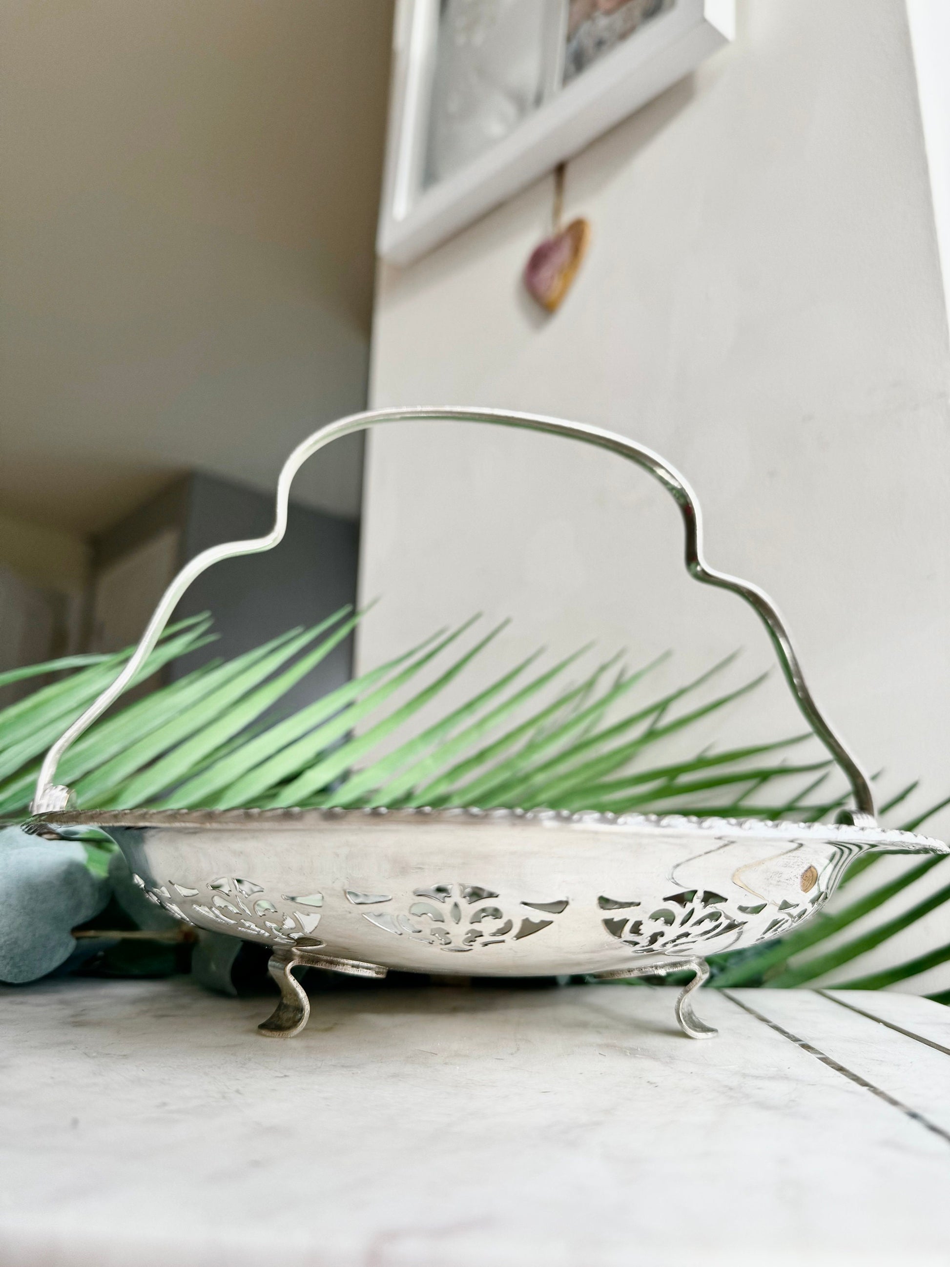 Vintage Silver Plated Pierced Basket Dish with foldable handle and delicate flower detail, Vintage Metal Fruit bowl
