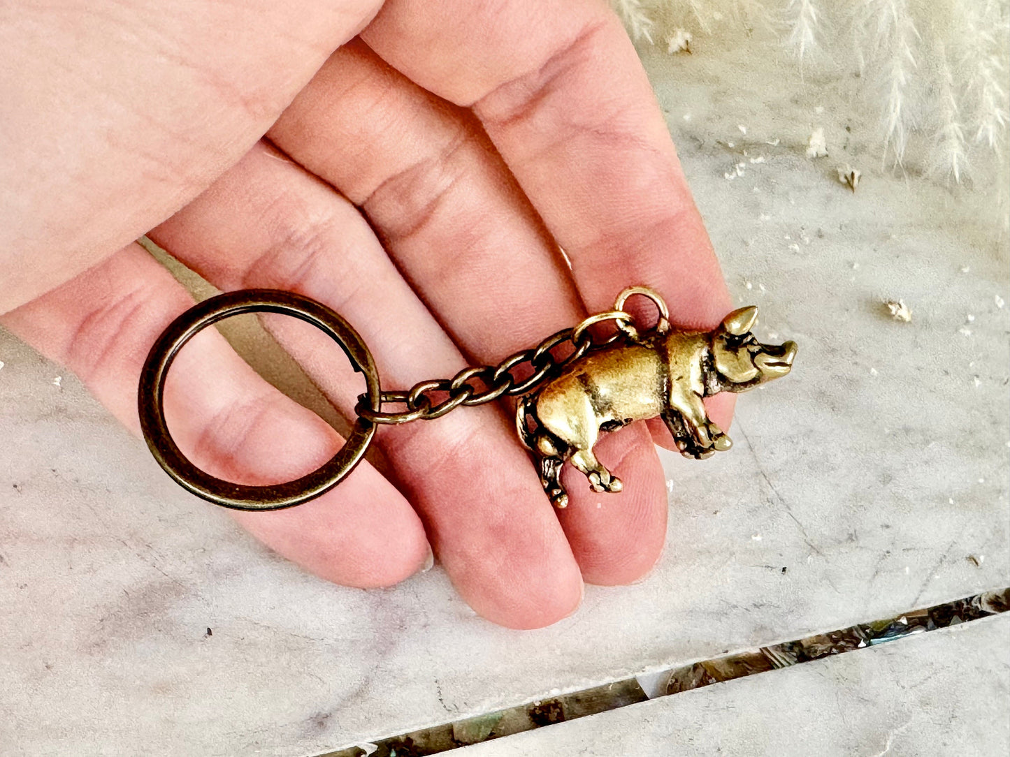 Little piglet fine workmanship solid brass keyring, lost wax pig trinket, pig figurine, cute little animal sculpture