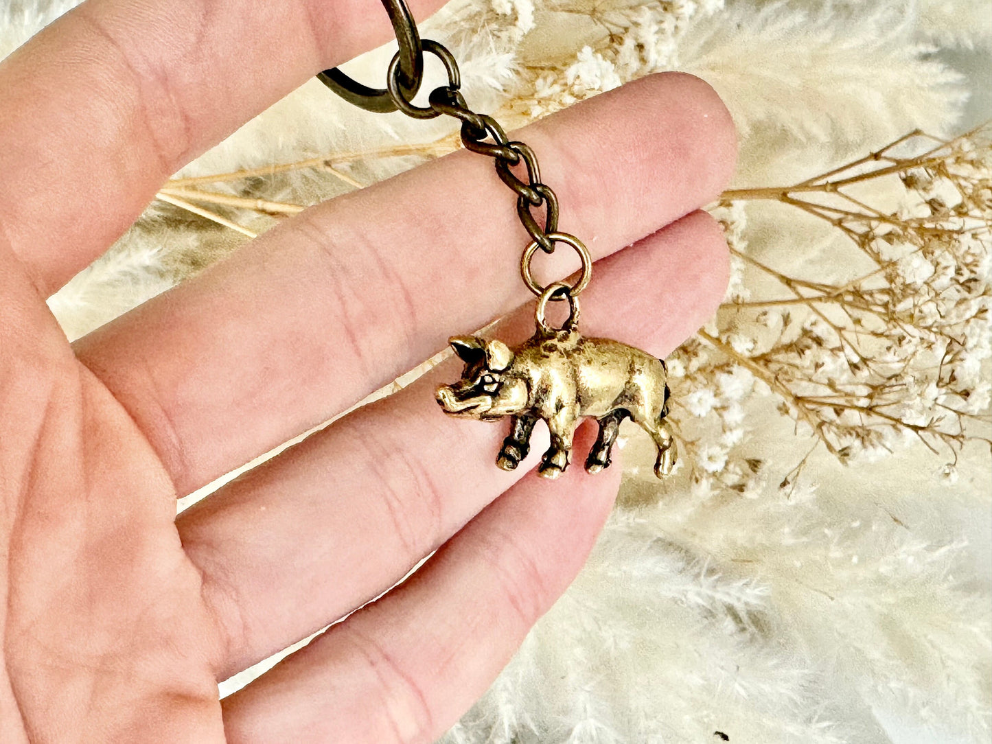 Little piglet fine workmanship solid brass keyring, lost wax pig trinket, pig figurine, cute little animal sculpture