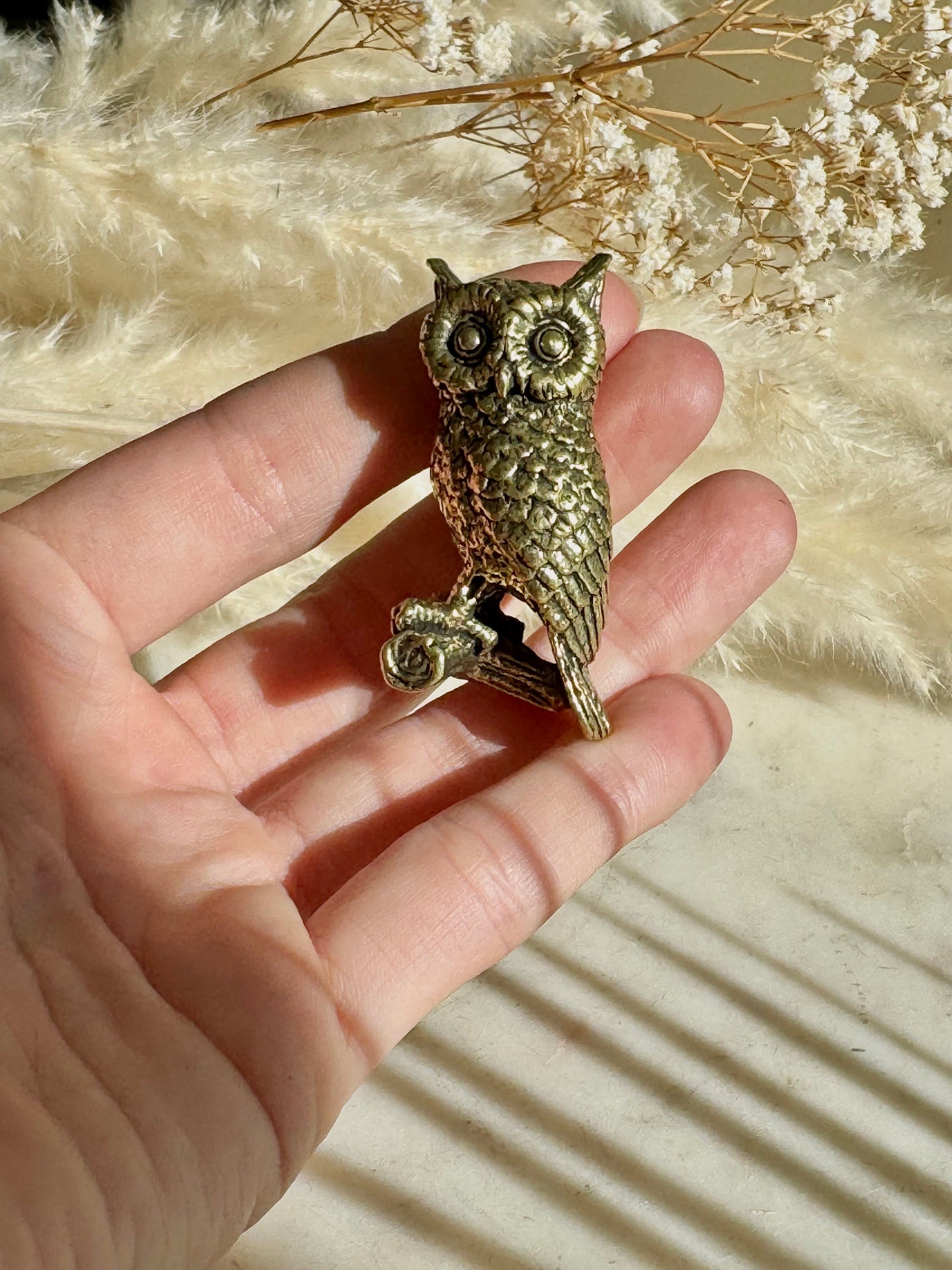Wise eagle-owl figurine, Metal Owl ornament, fine lifelike solid brass figurine, desktop decoration, winter bird statuette, Christmas gift