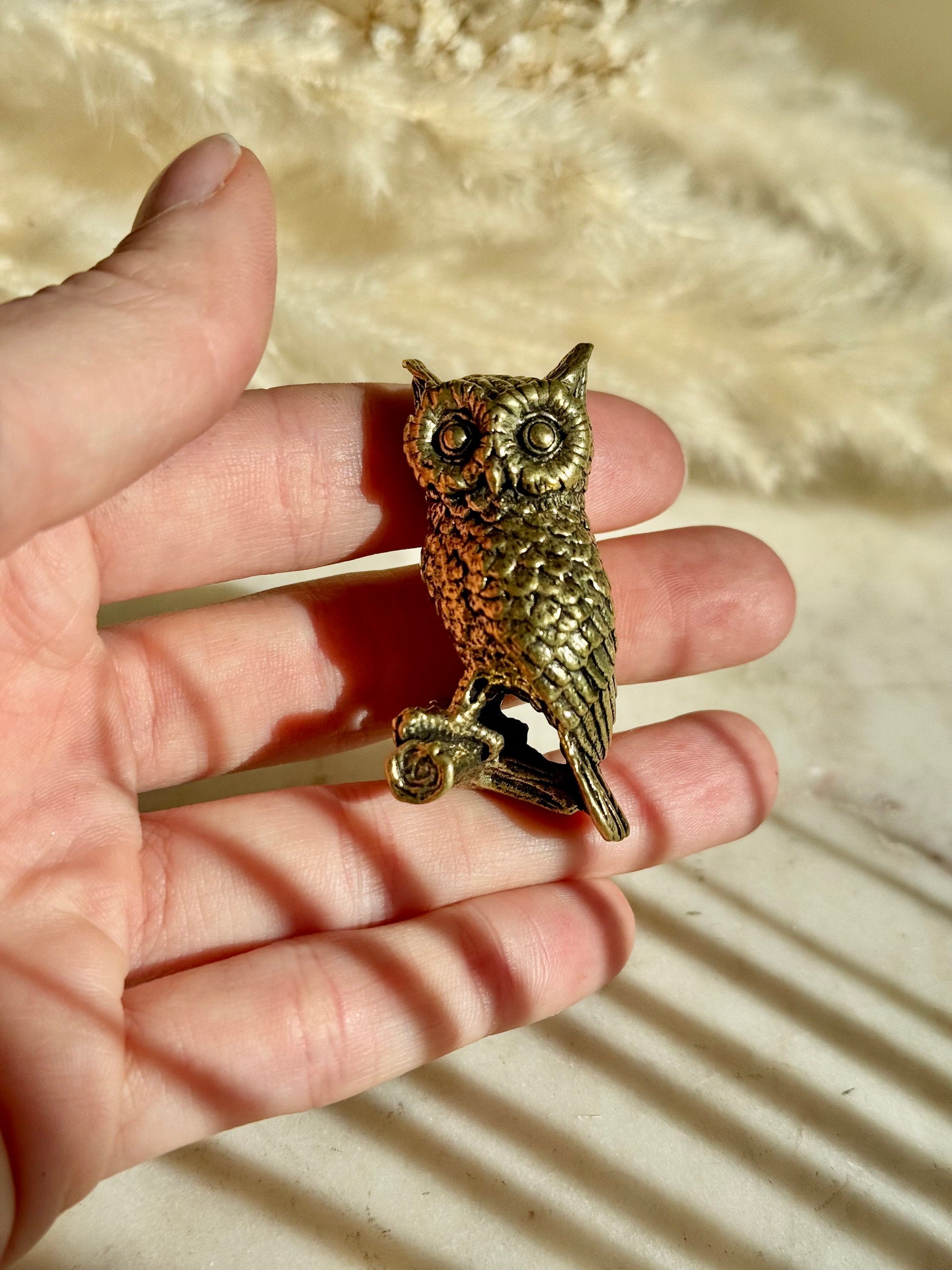 Wise eagle-owl figurine, Metal Owl ornament, fine lifelike solid brass figurine, desktop decoration, winter bird statuette, Christmas gift