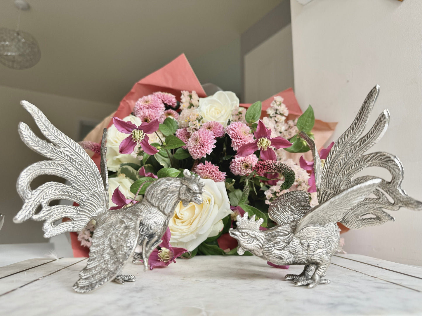 Vintage Silver Metal Fighting Cockerels Figurines, Vintage Metal Cocks, Brass Rooster Engraved Statues, Table Centerpiece, Pair Roosters