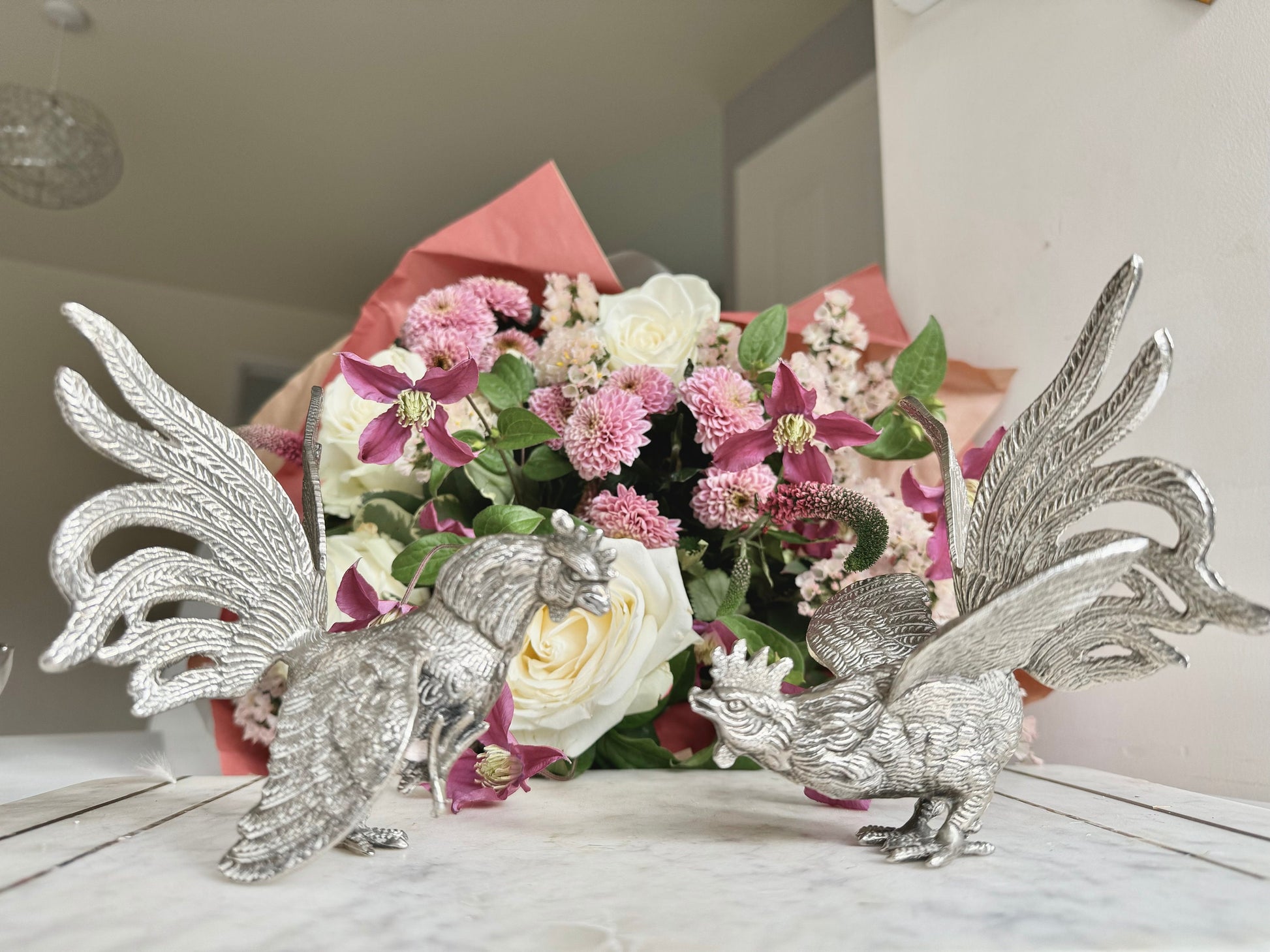 Vintage Silver Metal Fighting Cockerels Figurines, Vintage Metal Cocks, Brass Rooster Engraved Statues, Table Centerpiece, Pair Roosters