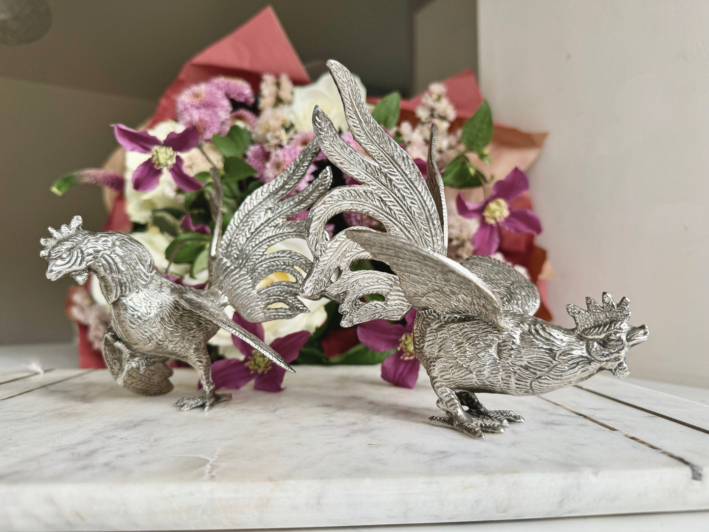 Vintage Silver Metal Fighting Cockerels Figurines, Vintage Metal Cocks, Brass Rooster Engraved Statues, Table Centerpiece, Pair Roosters