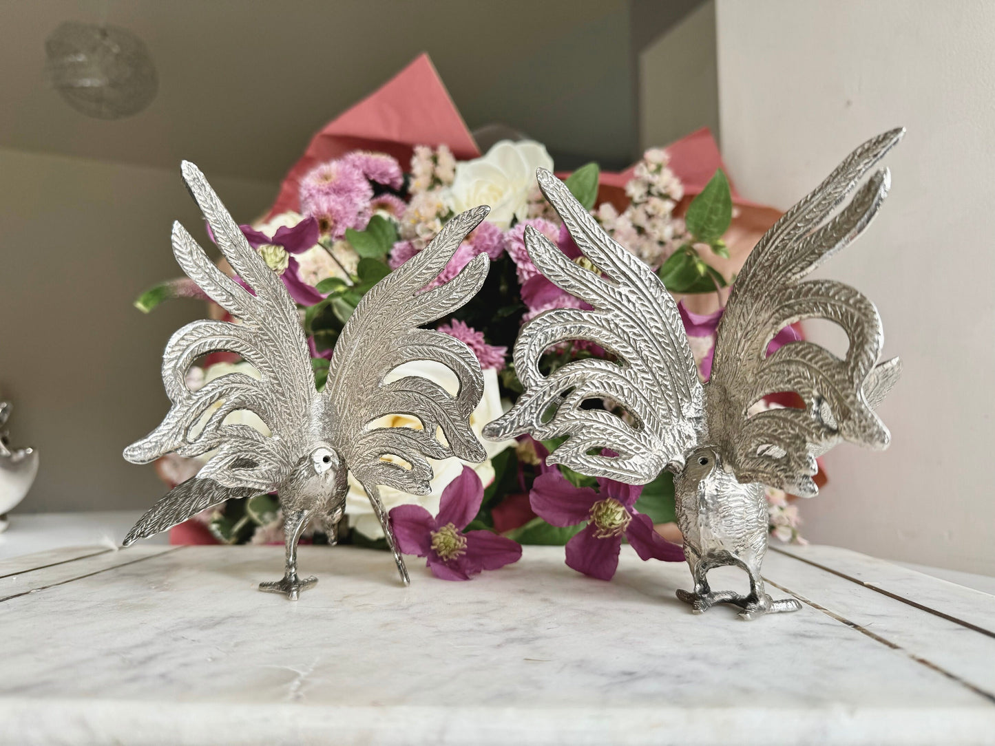Vintage Silver Metal Fighting Cockerels Figurines, Vintage Metal Cocks, Brass Rooster Engraved Statues, Table Centerpiece, Pair Roosters