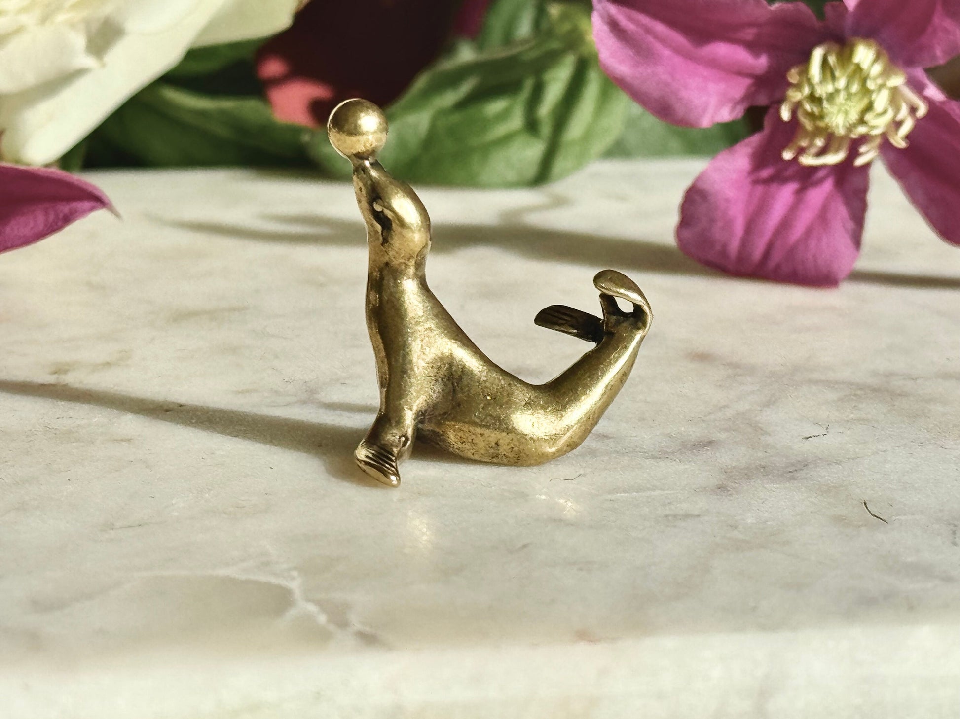 Fine solid brass Playful Seal miniature, Seal playing with a ball, sea creature sculpture, pinnipeds miniature, cute sea lion