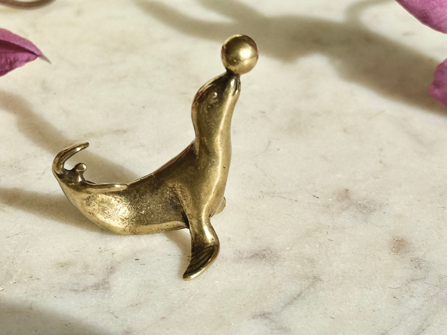 Fine solid brass Playful Seal miniature, Seal playing with a ball, sea creature sculpture, pinnipeds miniature, cute sea lion