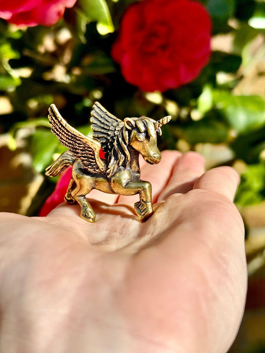 Adorable Pegasus miniature, solid brass unicorn figurine, cute little pony ornament gift, magical little present
