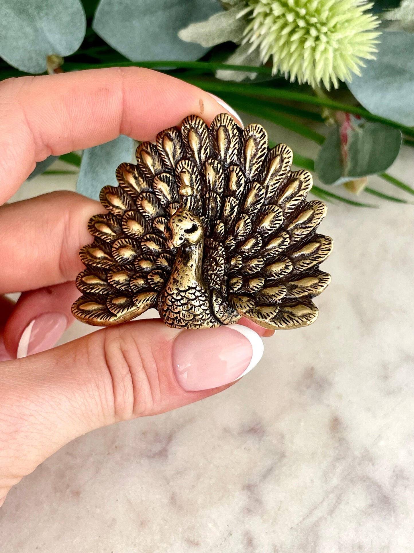 Solid Brass Peacock Figurine, Brass Bohemian Ornament, Tropical bird miniature, Beautiful Metal Paperweight, Eclectic Decor