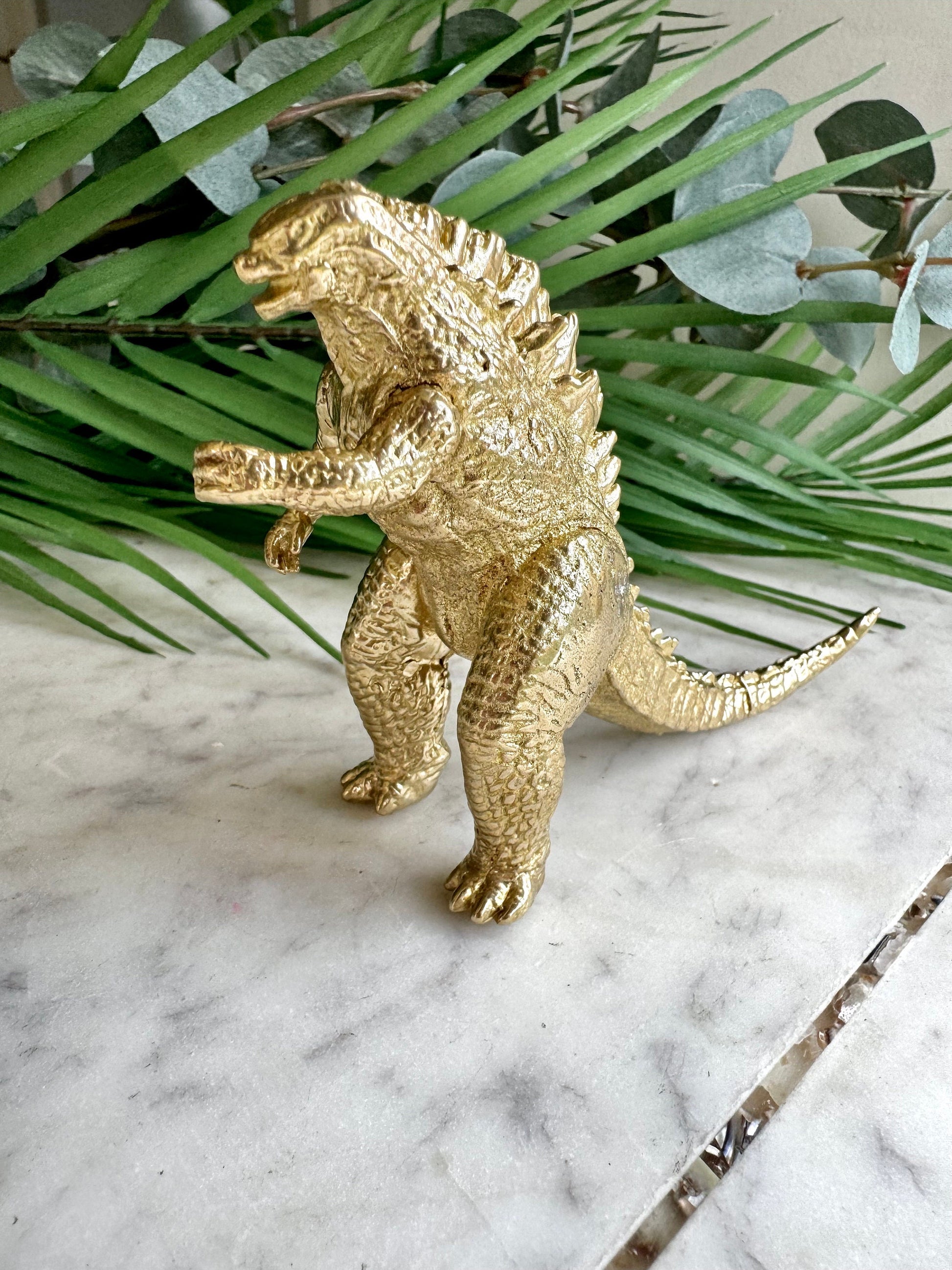 Solid golden brass miniature, Gojira Lizard, brass big lizard, solid Tabletop decor, Creative desktop ornament, cool gift for him