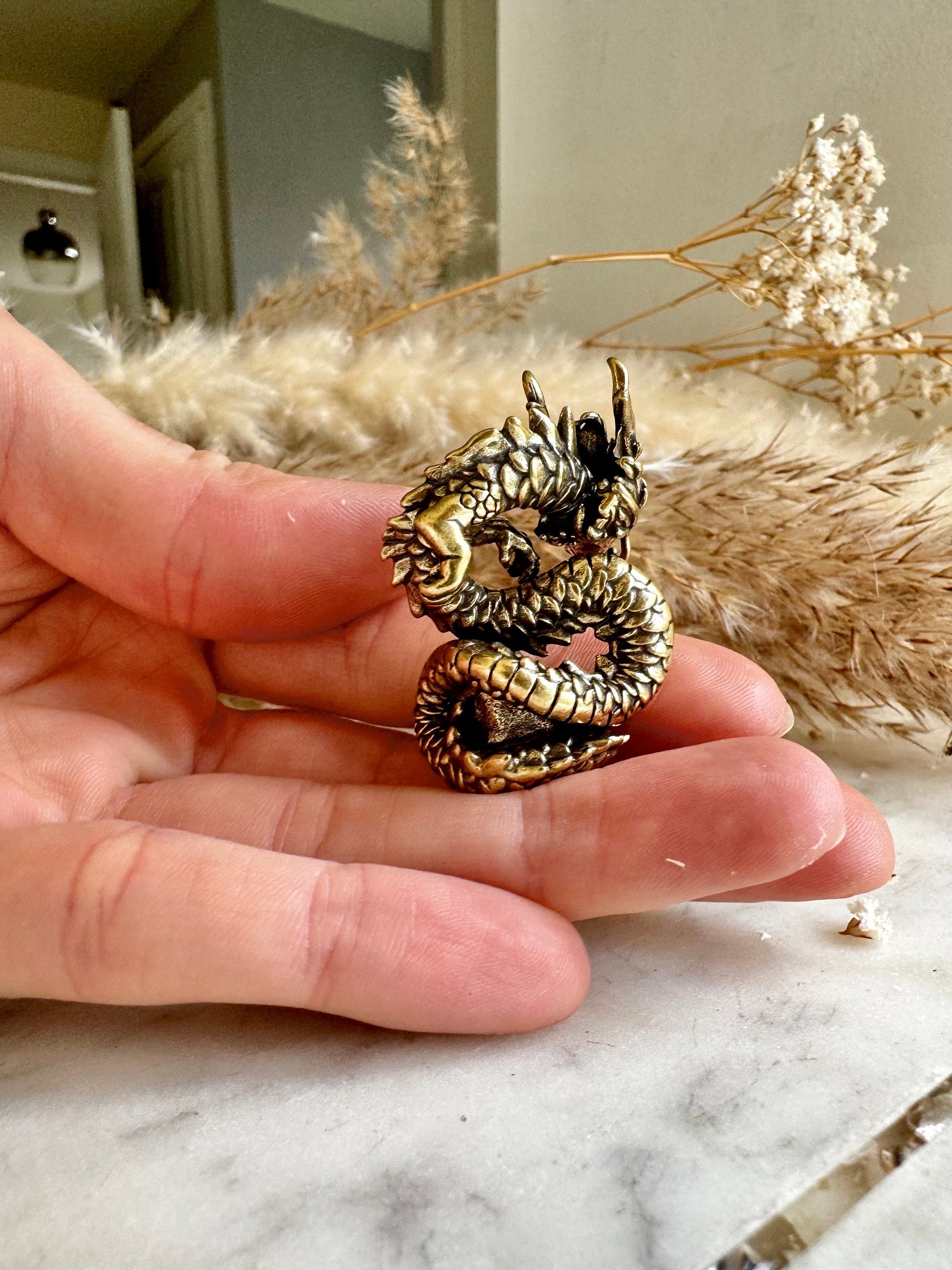 Wealthy Dragon solid brass miniature, Chinese Feng Shui Animal Statue, dragon with gold statuette, Chinese Mushu dragon new year gift