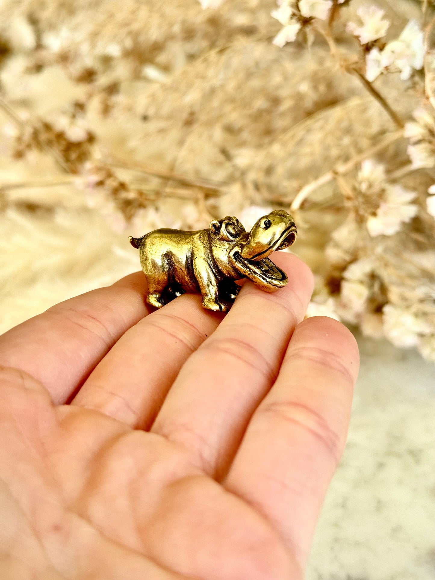Solid brass Smilling hippo figurine, charming hippopotamus sculpture, safari wildlife, zoo-themed nursery decoration, whimsical adornment