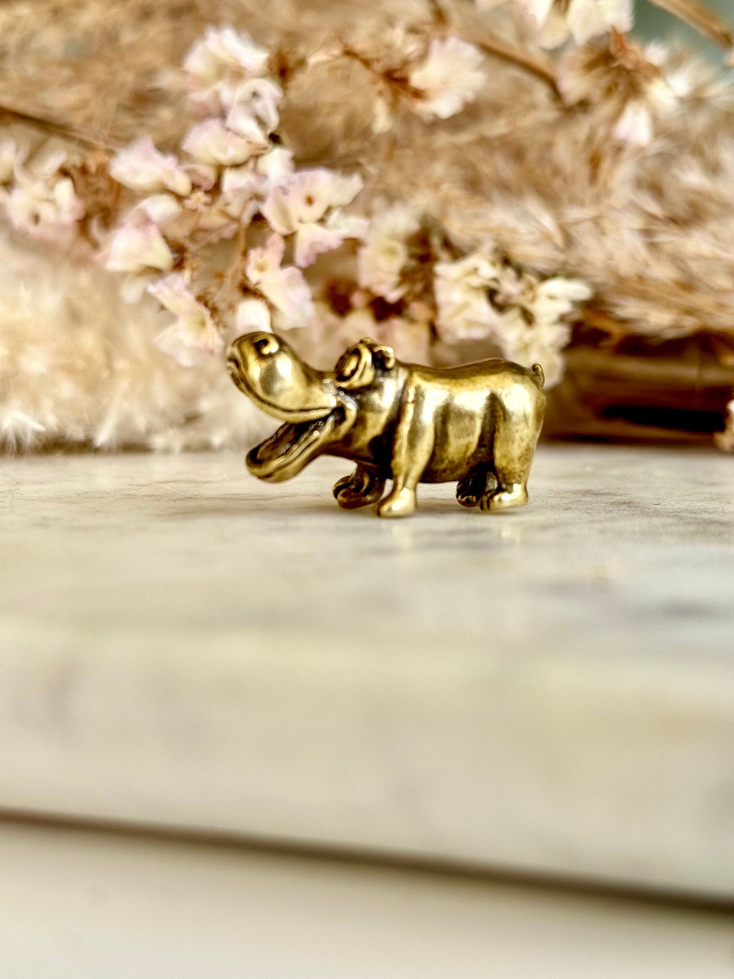 Solid brass Smilling hippo figurine, charming hippopotamus sculpture, safari wildlife, zoo-themed nursery decoration, whimsical adornment