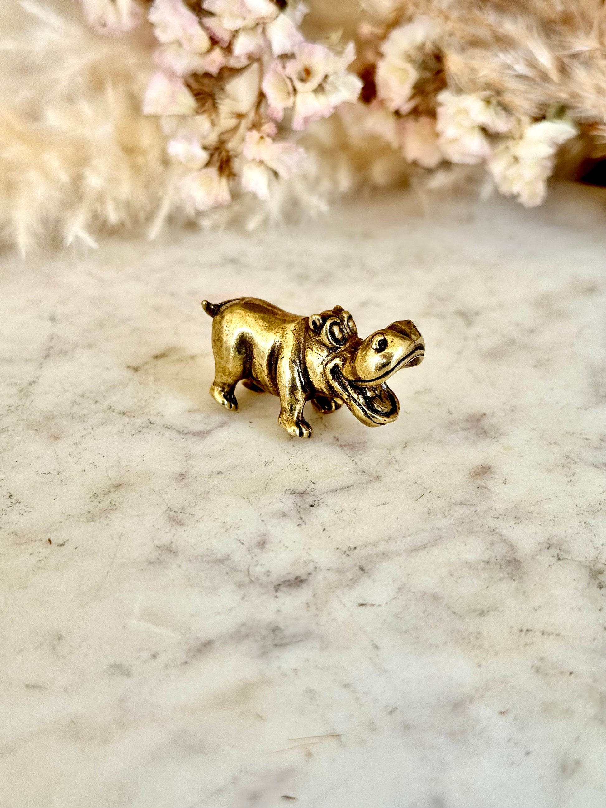 Solid brass Smilling hippo figurine, charming hippopotamus sculpture, safari wildlife, zoo-themed nursery decoration, whimsical adornment
