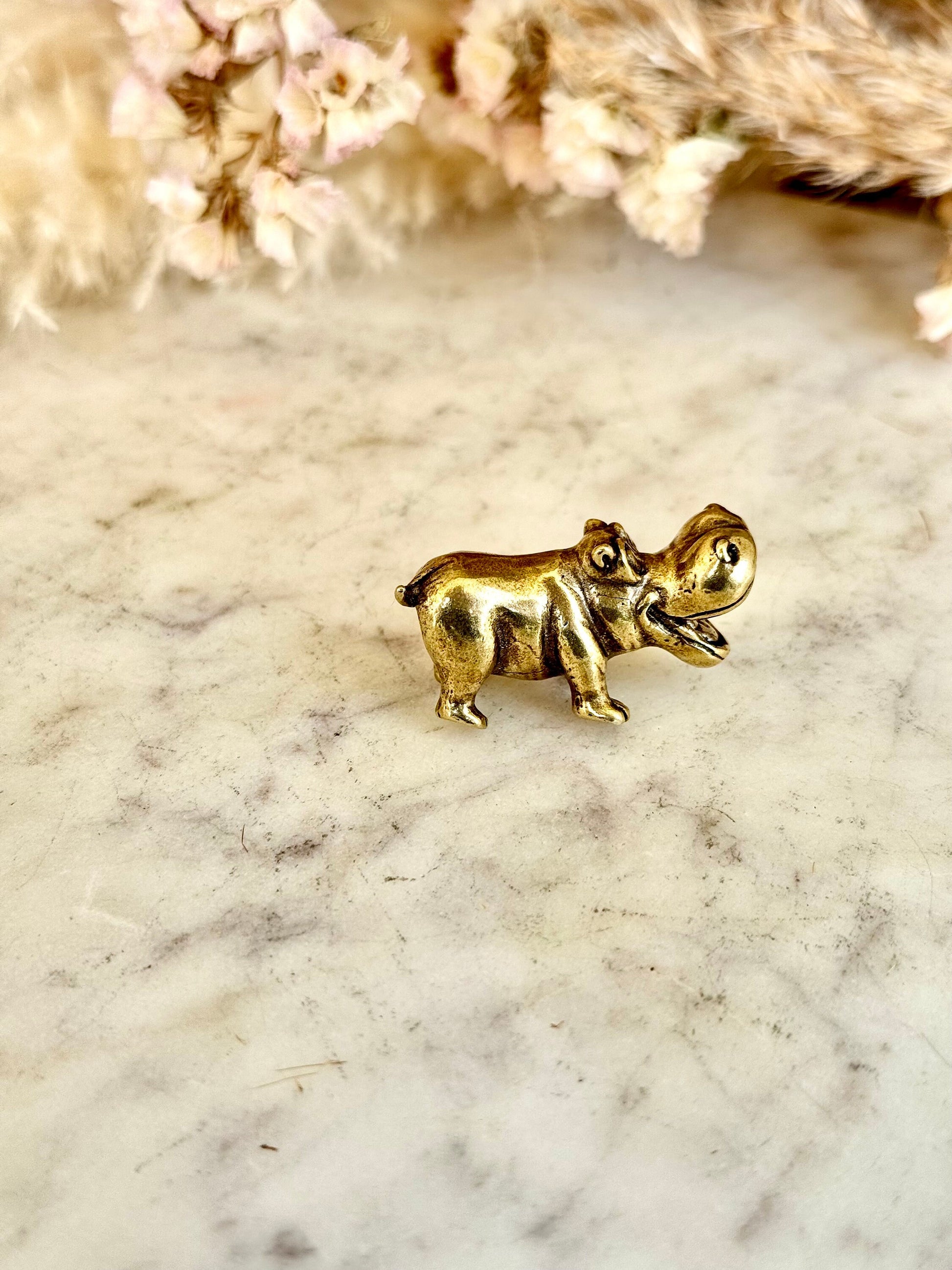 Solid brass Smilling hippo figurine, charming hippopotamus sculpture, safari wildlife, zoo-themed nursery decoration, whimsical adornment