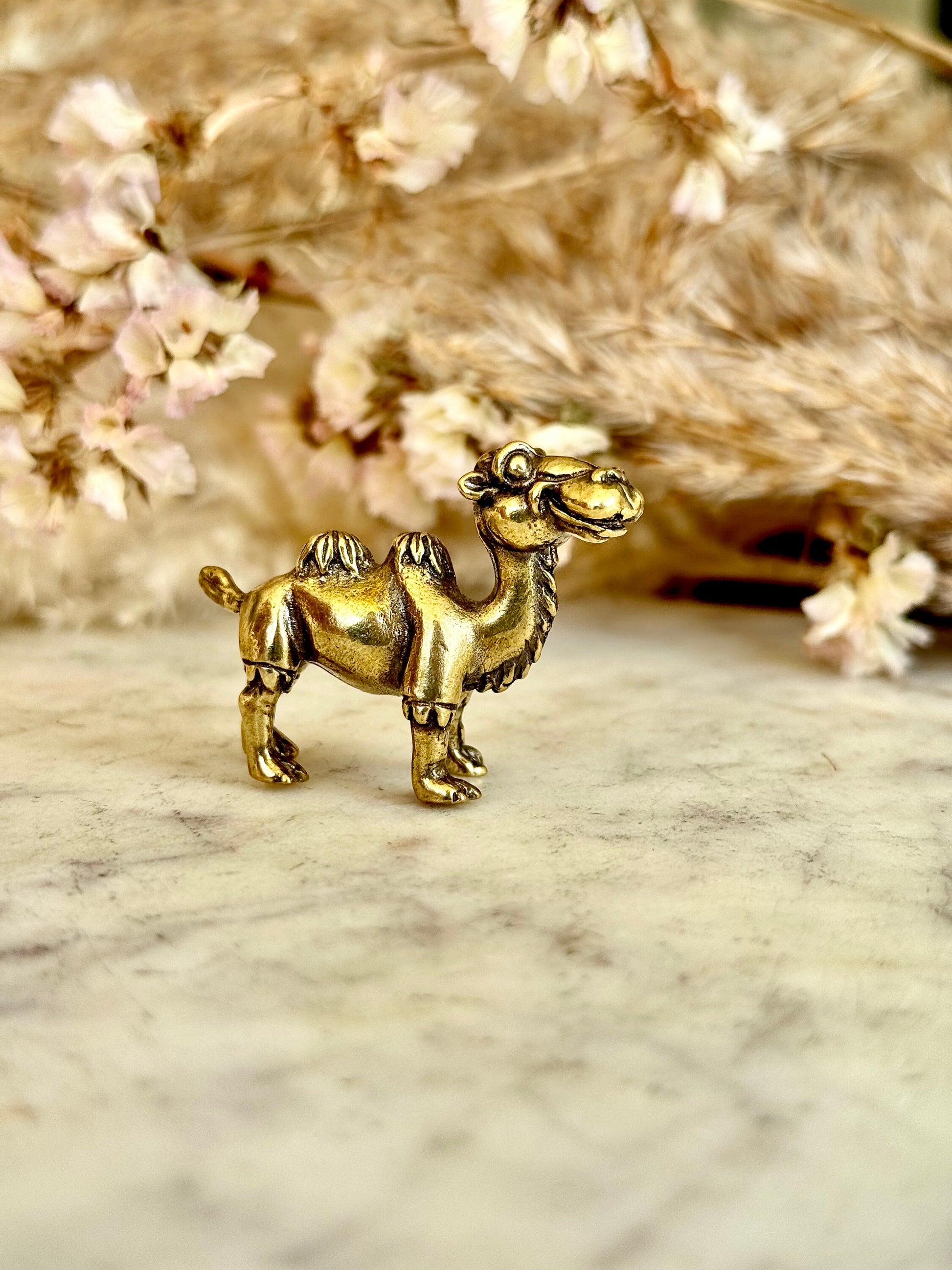 Solid brass Happy camel, Desert Animal figurine, Brass Desert ornament, engraved brass statuette, Creative paperweight
