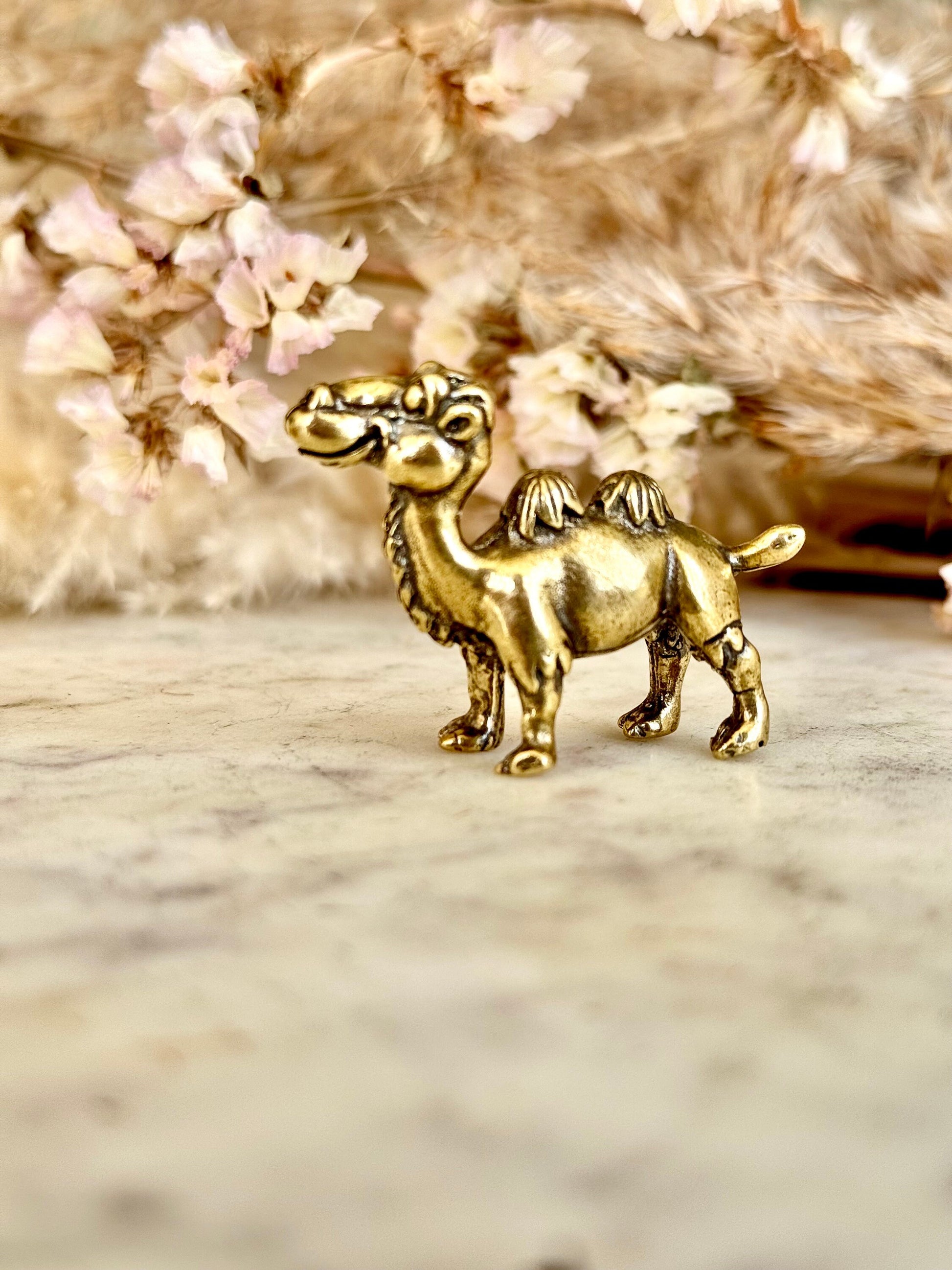 Solid brass Happy camel, Desert Animal figurine, Brass Desert ornament, engraved brass statuette, Creative paperweight