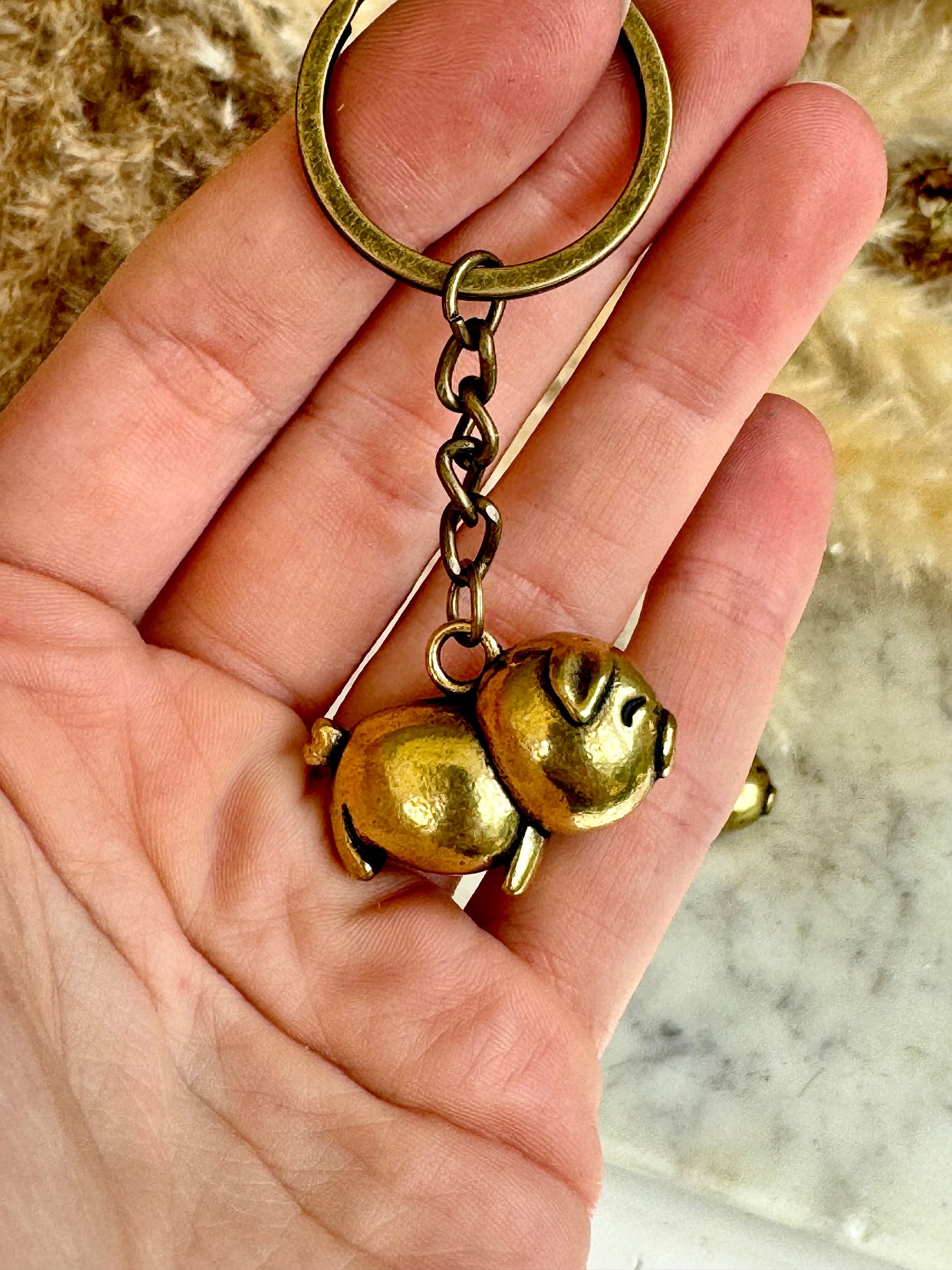 Happy little piglet fine workmanship solid brass keyring, brass pig charm, cute little piggy sculpture