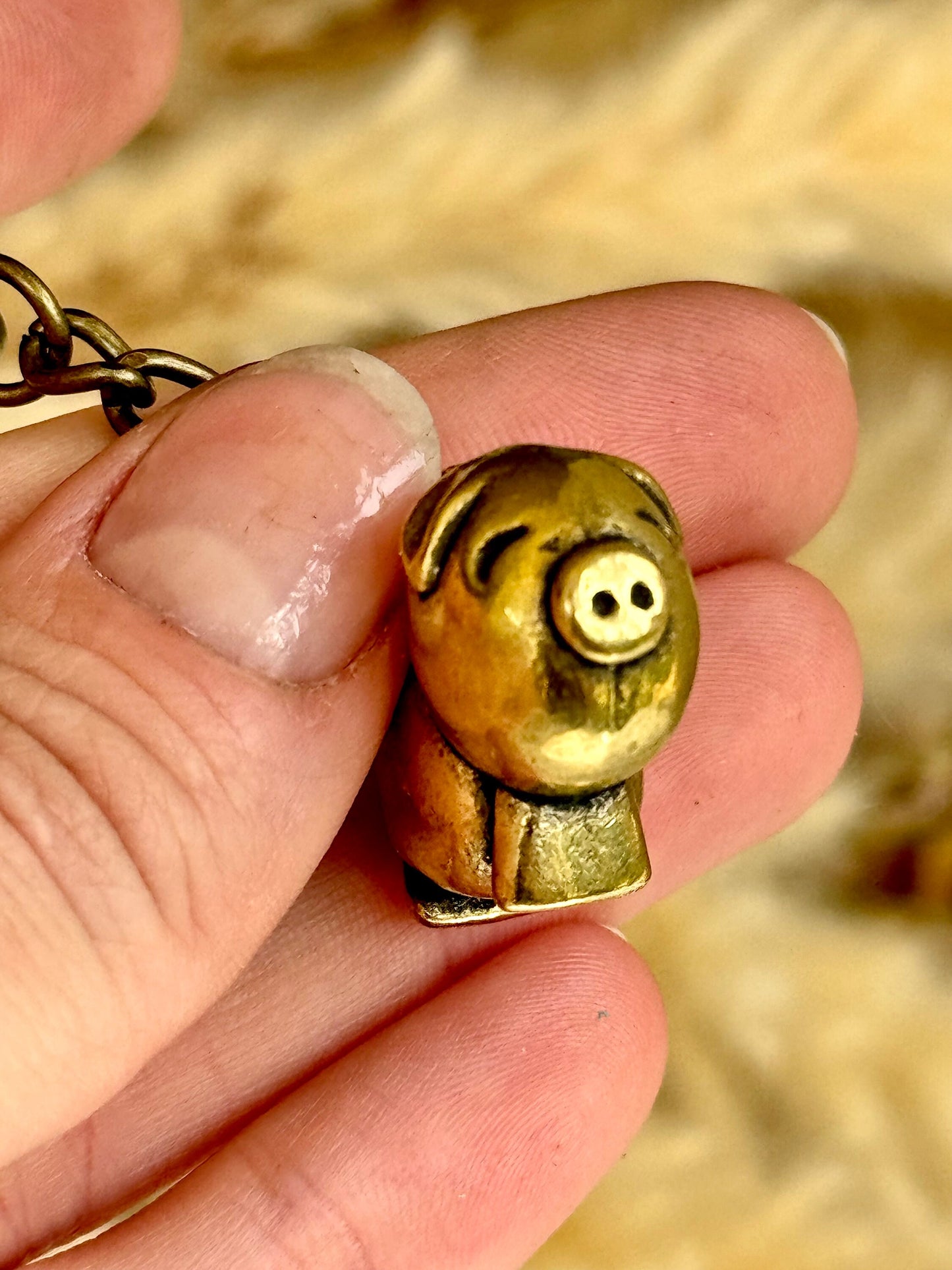 Happy little piglet fine workmanship solid brass keyring, brass pig charm, cute little piggy sculpture