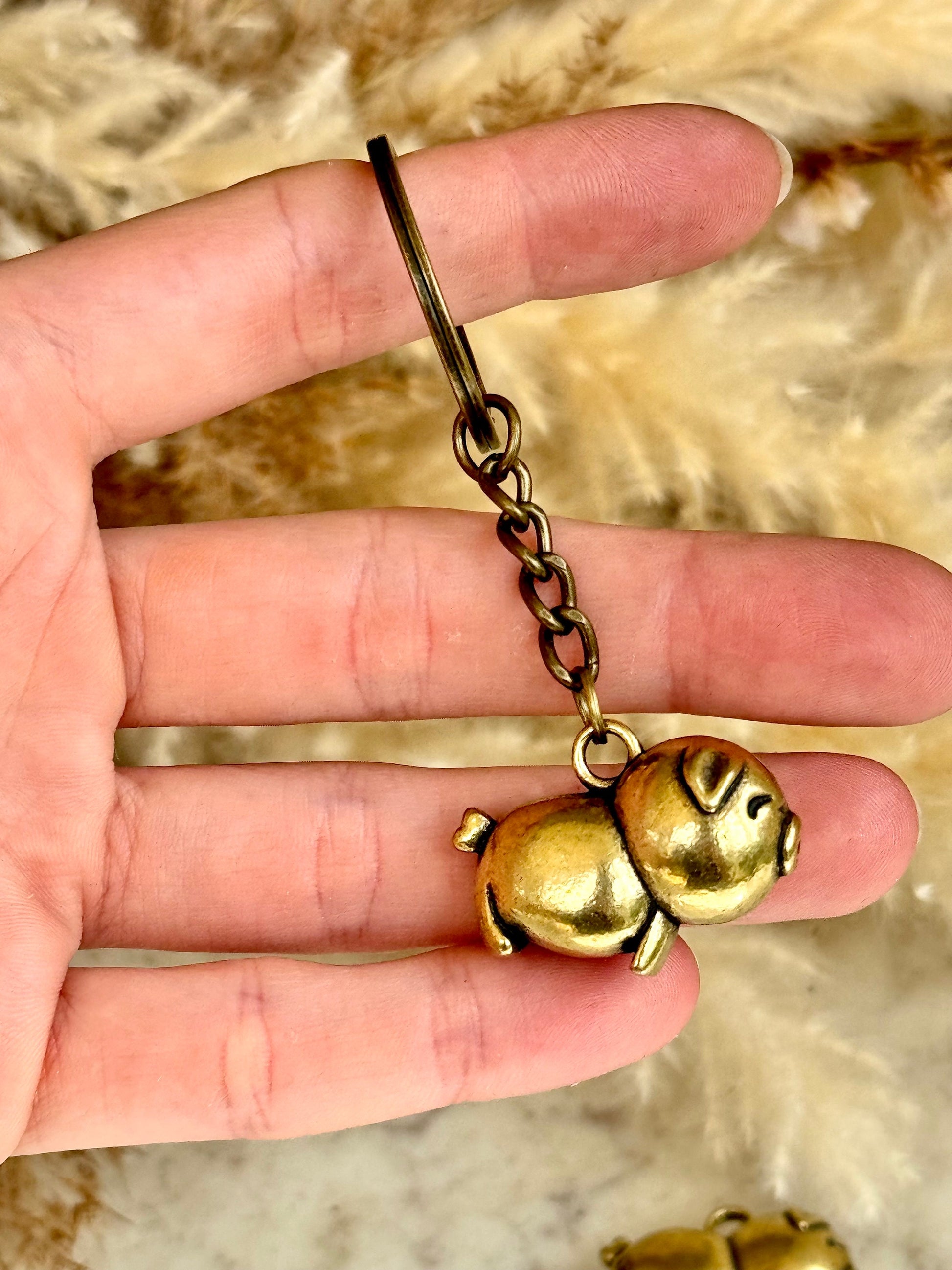 Happy little piglet fine workmanship solid brass keyring, brass pig charm, cute little piggy sculpture