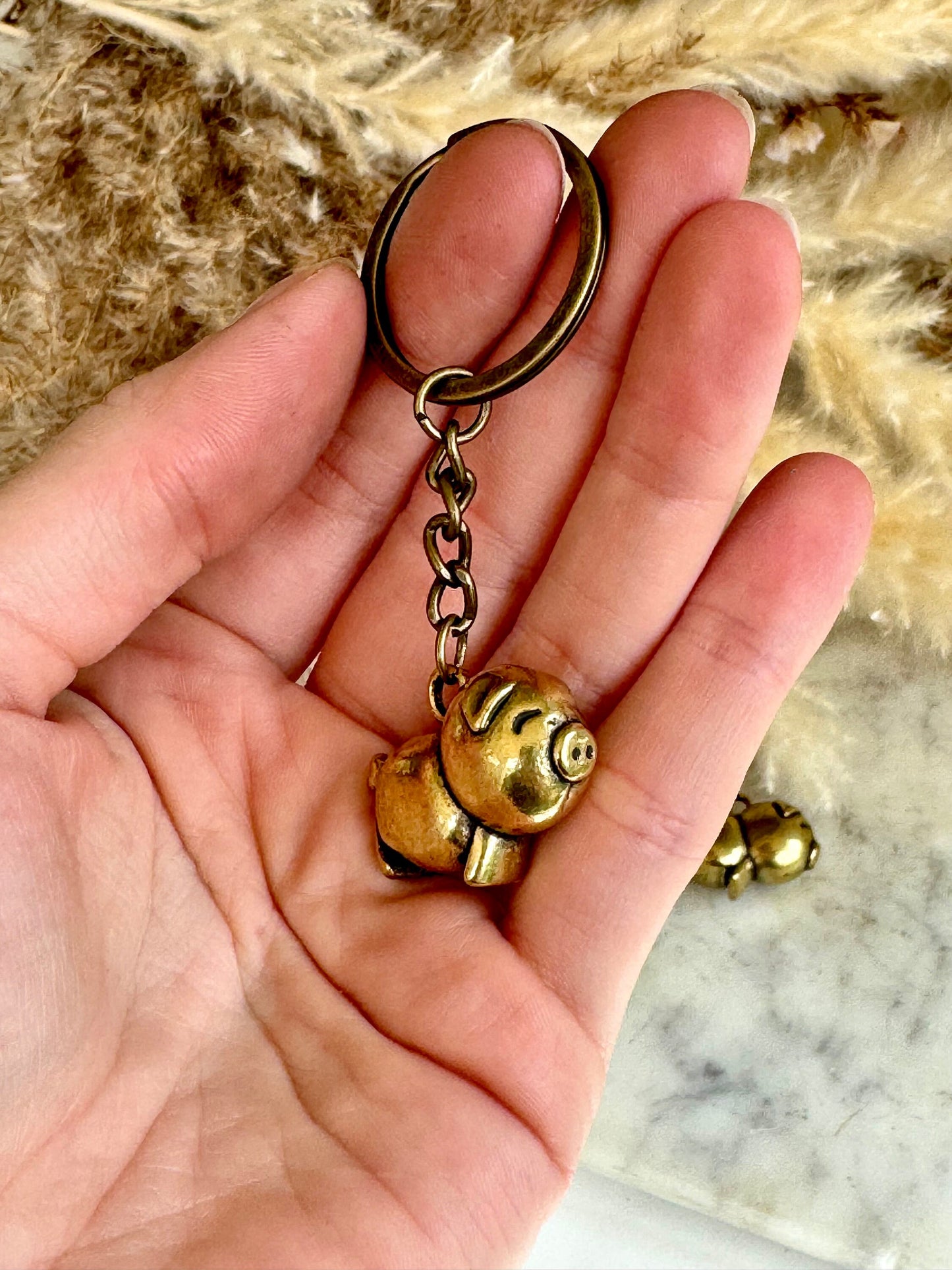 Happy little piglet fine workmanship solid brass keyring, brass pig charm, cute little piggy sculpture