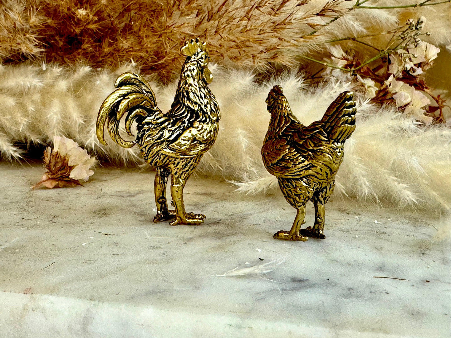 Solid brass Chicken family brass figurine, Rooster and hen miniature, Chicken decorative small figurine, Brass Collectibles, Country Decor
