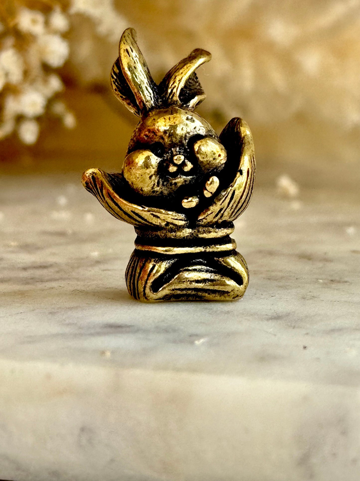 Adorable bunny in a bag figurines, cute rabbit workmanship, bunny ornament, bunny gift, Solid Brass figurine, cute gift