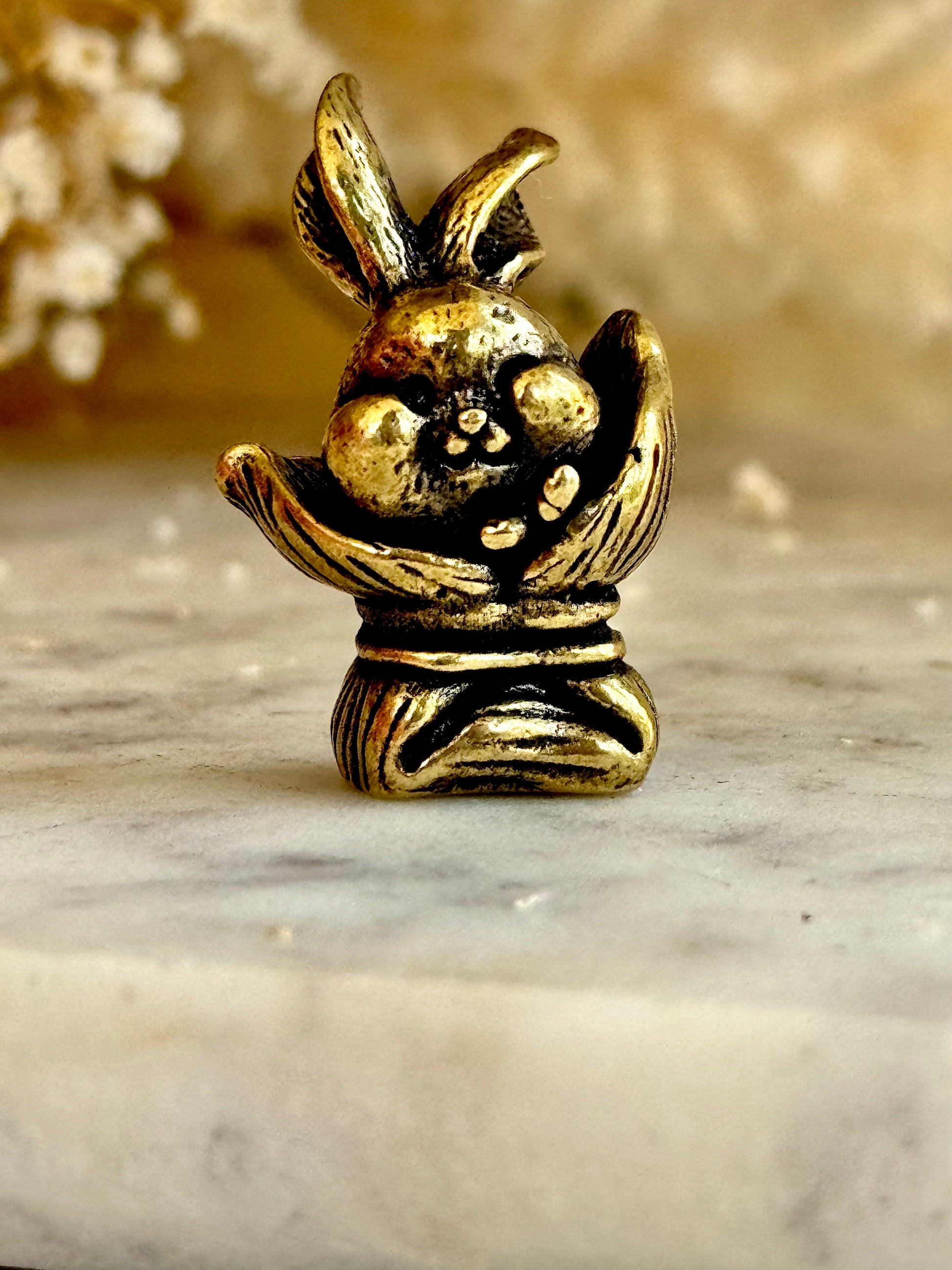 Adorable bunny in a bag figurines, cute rabbit workmanship, bunny ornament, bunny gift, Solid Brass figurine, cute gift