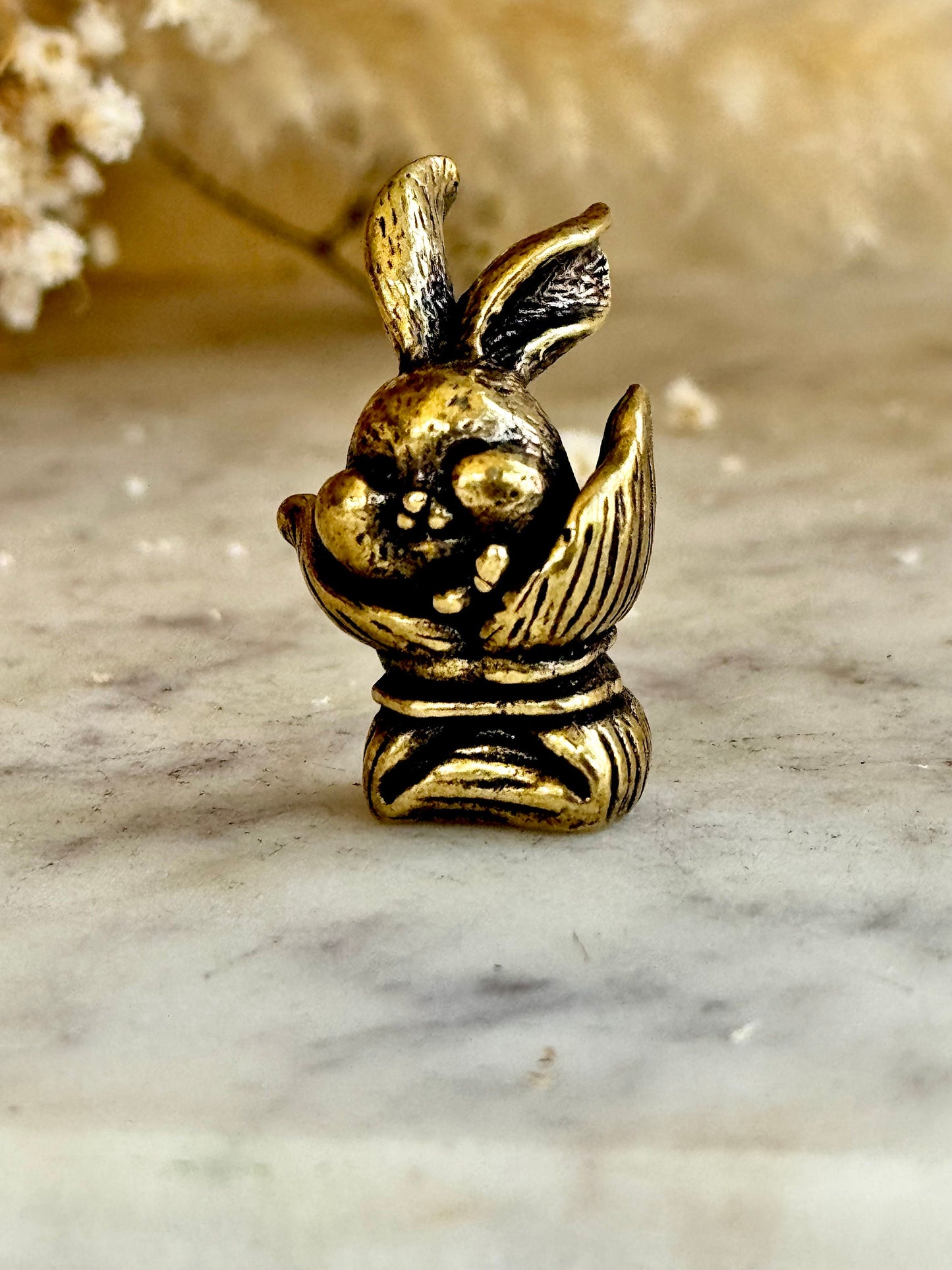 Adorable bunny in a bag figurines, cute rabbit workmanship, bunny ornament, bunny gift, Solid Brass figurine, cute gift