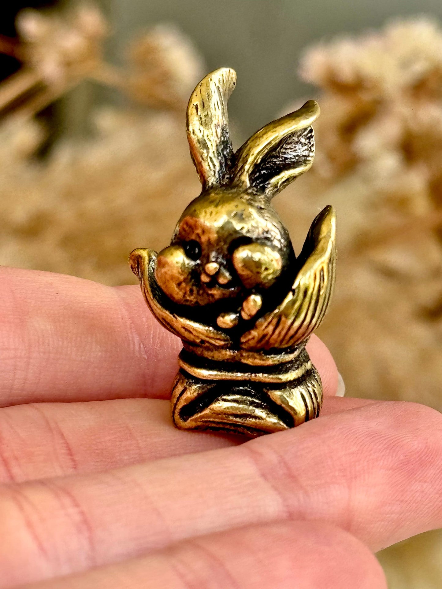 Adorable bunny in a bag figurines, cute rabbit workmanship, bunny ornament, bunny gift, Solid Brass figurine, cute gift