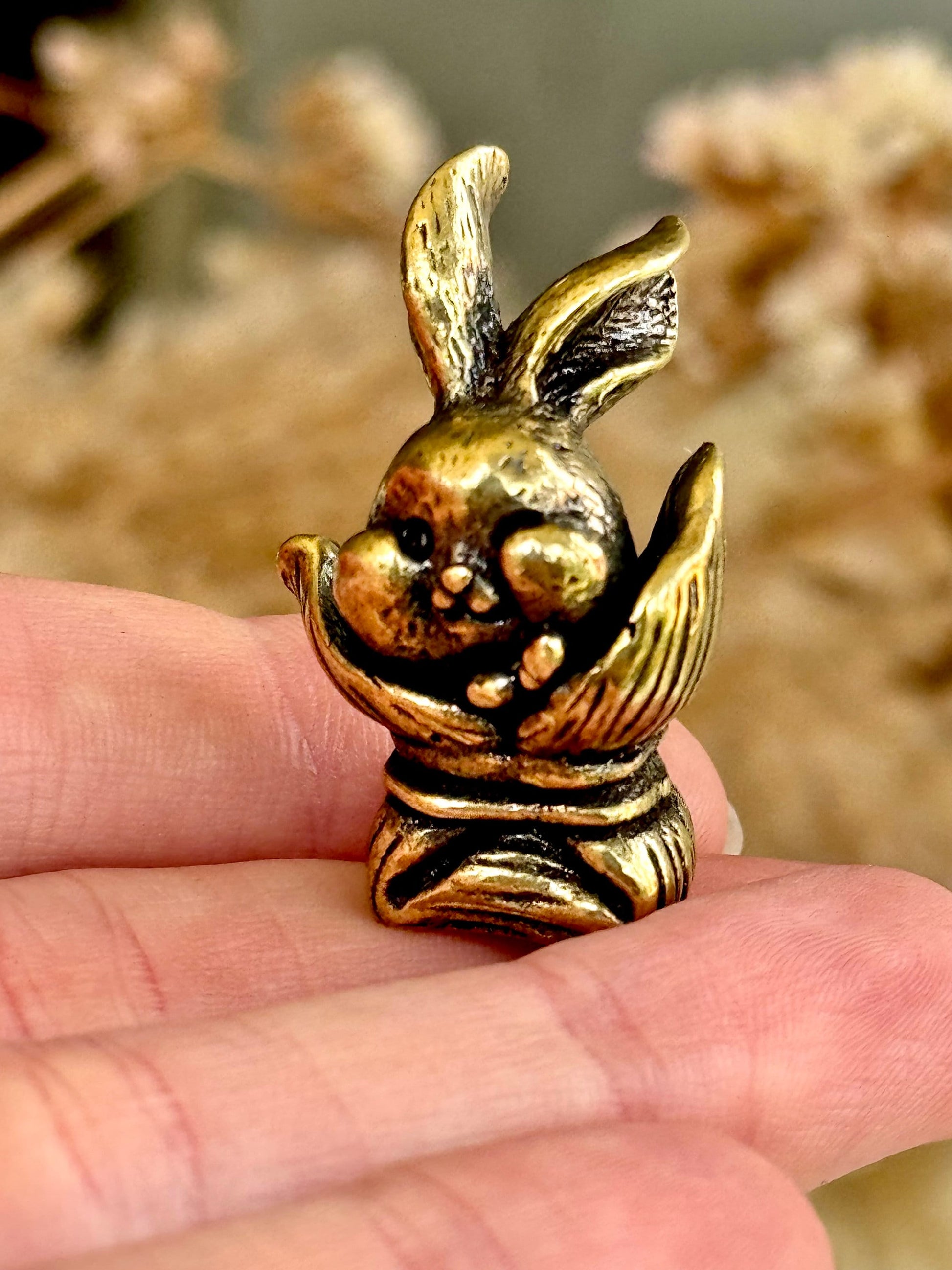 Adorable bunny in a bag figurines, cute rabbit workmanship, bunny ornament, bunny gift, Solid Brass figurine, cute gift