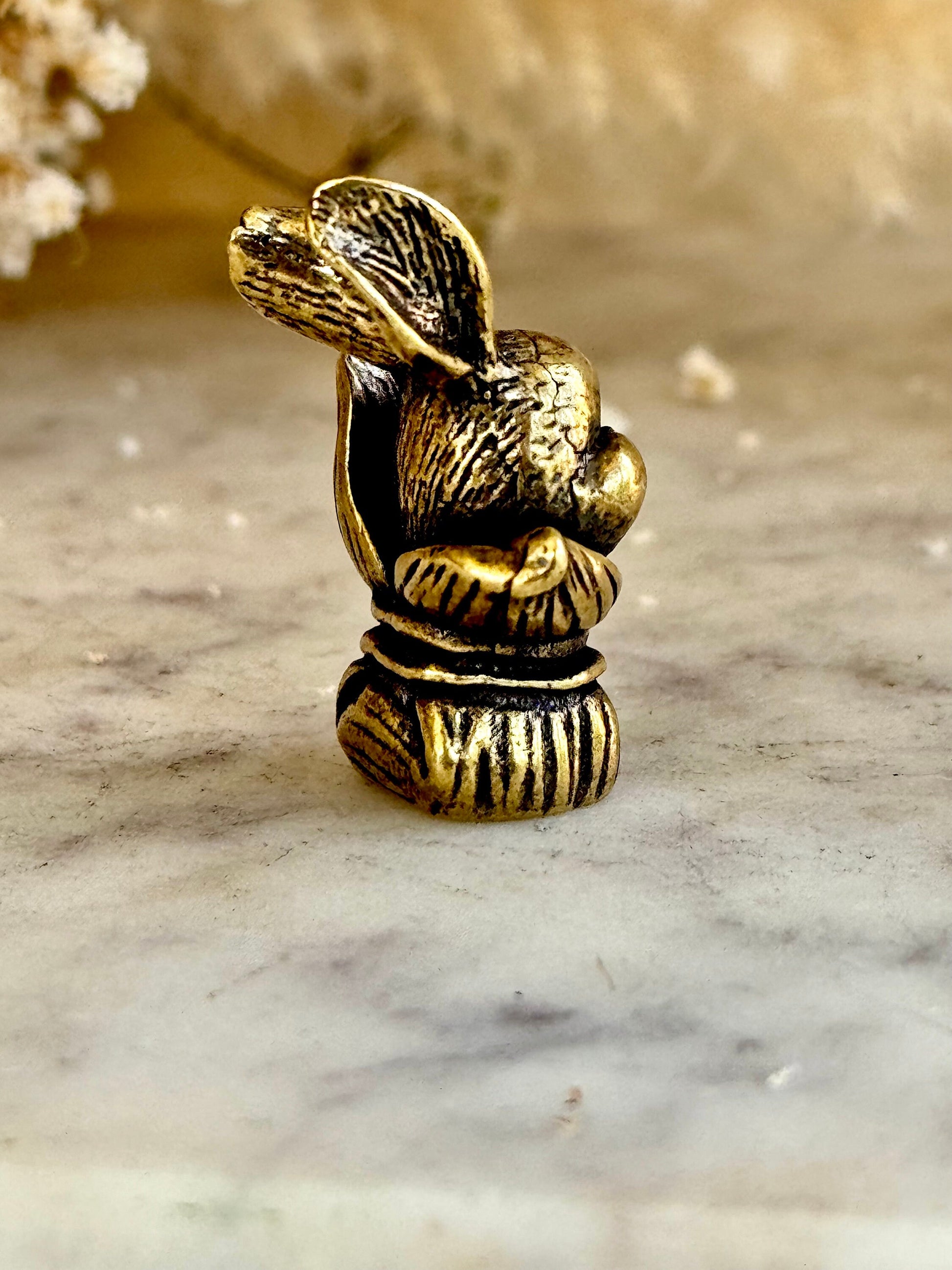 Adorable bunny in a bag figurines, cute rabbit workmanship, bunny ornament, bunny gift, Solid Brass figurine, cute gift