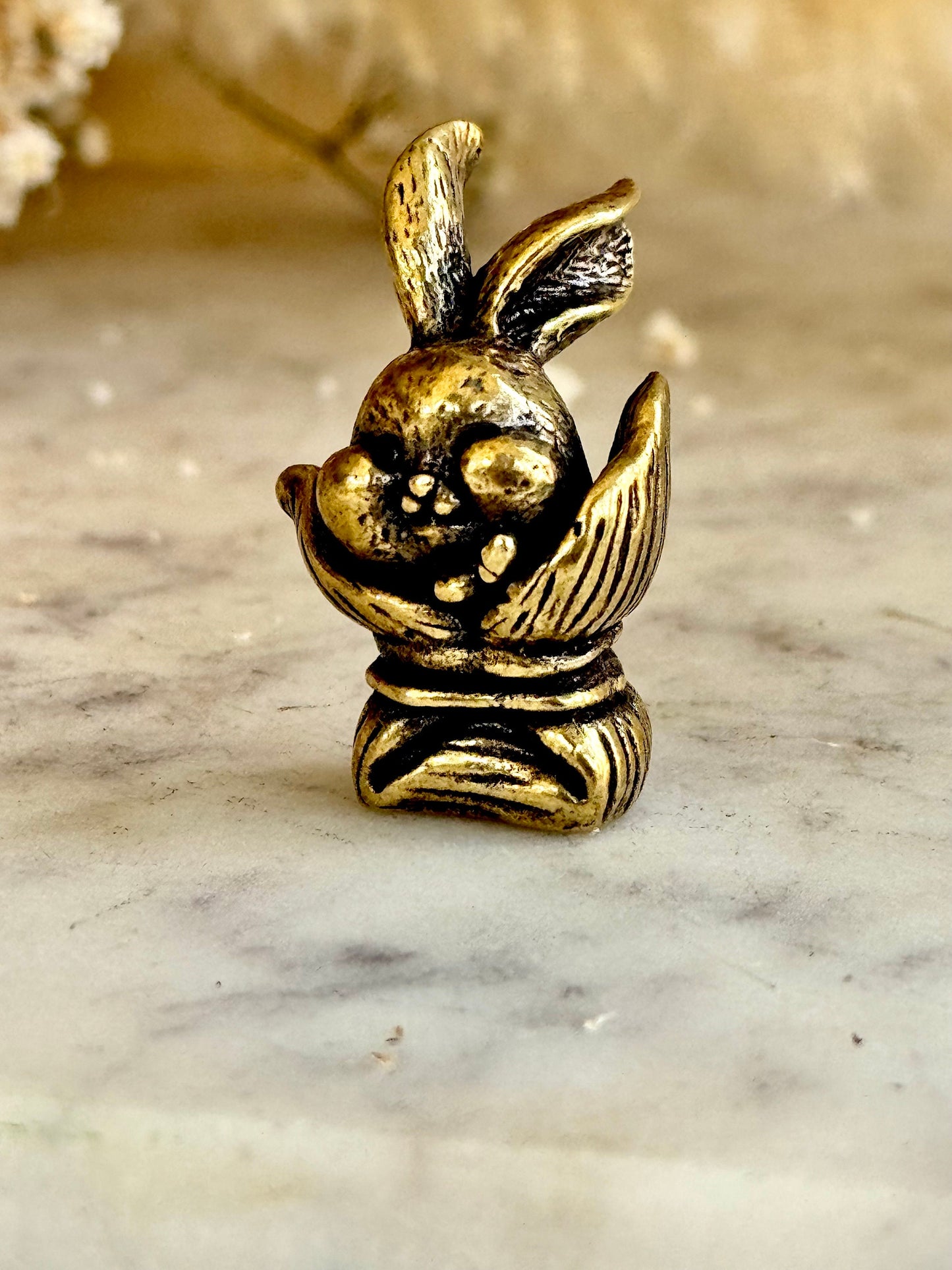 Adorable bunny in a bag figurines, cute rabbit workmanship, bunny ornament, bunny gift, Solid Brass figurine, cute gift