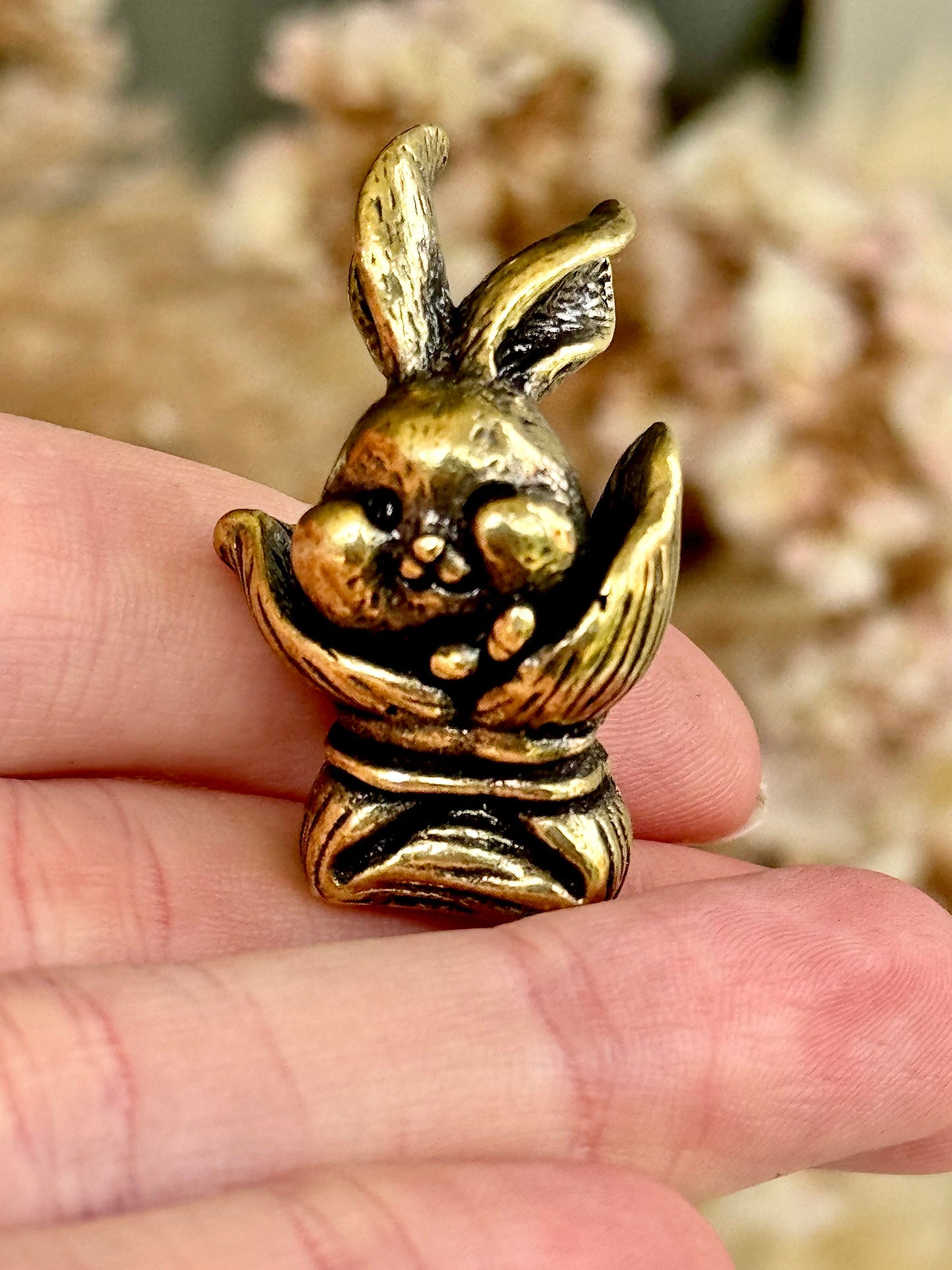Adorable bunny in a bag figurines, cute rabbit workmanship, bunny ornament, bunny gift, Solid Brass figurine, cute gift