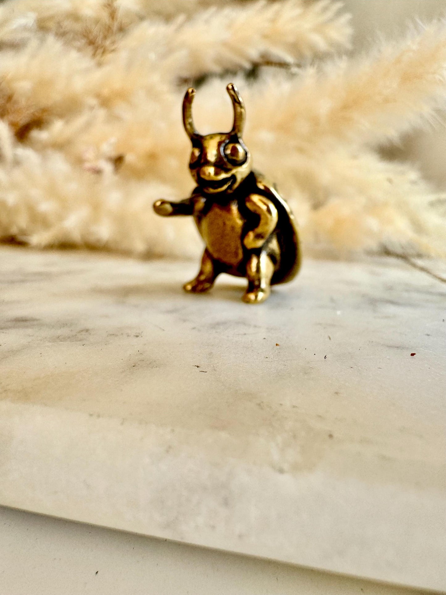 Solid brass Happy Ladybug figurine, little ladybird statuette, fine metal workmanship, insect ornament, good luck trinket