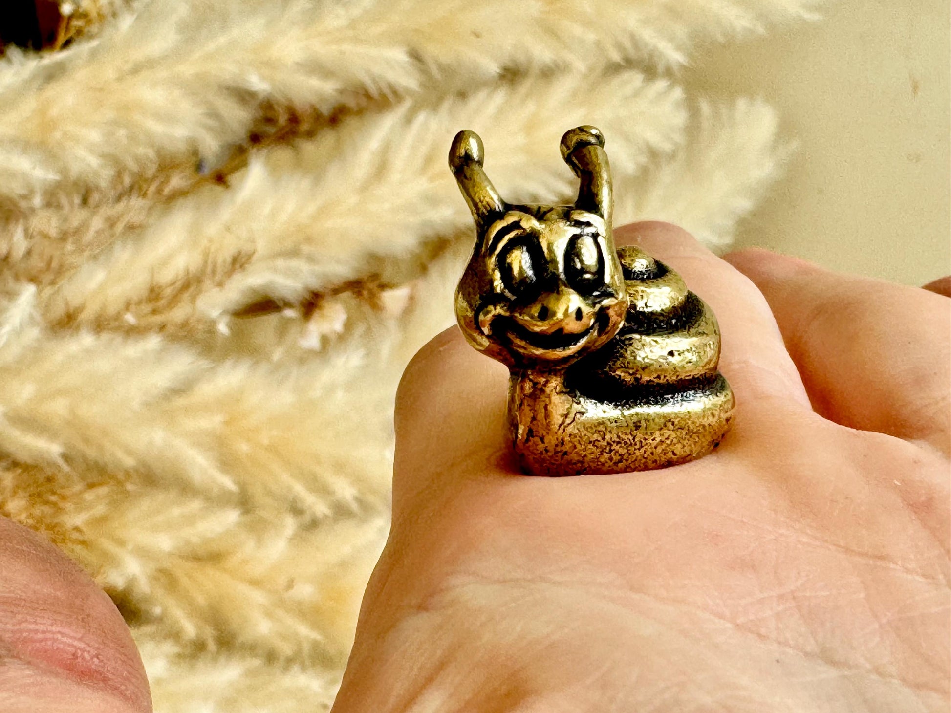 Solid brass Happy Garden Snail Miniature, Metal Snail figurine, lifelike solid brass shelled gastropod ornament