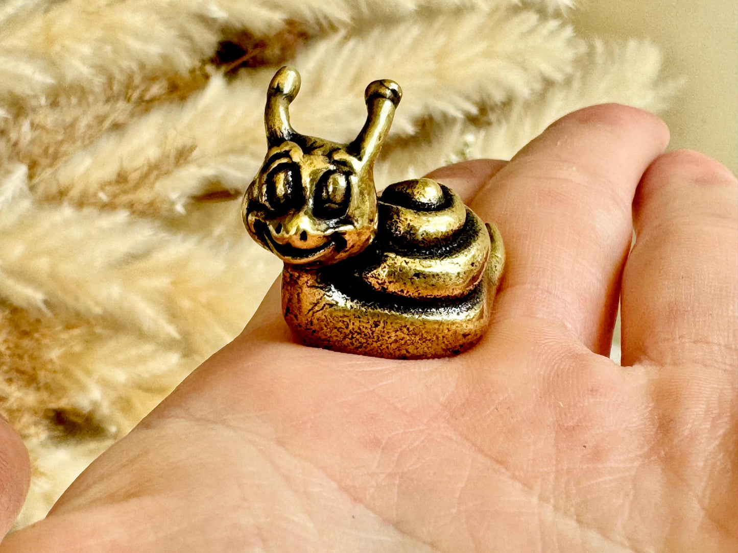 Solid brass Happy Garden Snail Miniature, Metal Snail figurine, lifelike solid brass shelled gastropod ornament