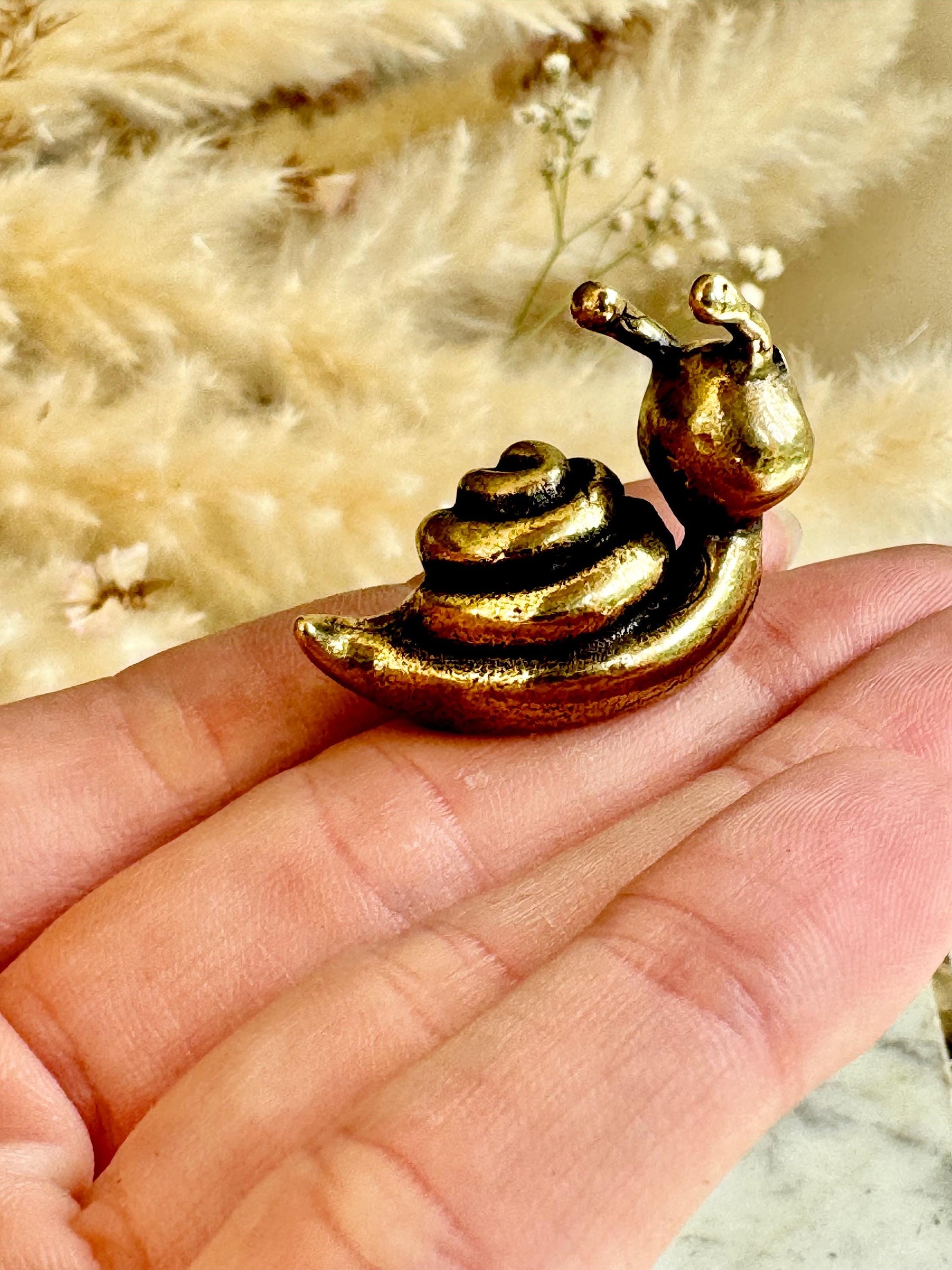 Solid brass Happy Garden Snail Miniature, Metal Snail figurine, lifelike solid brass shelled gastropod ornament